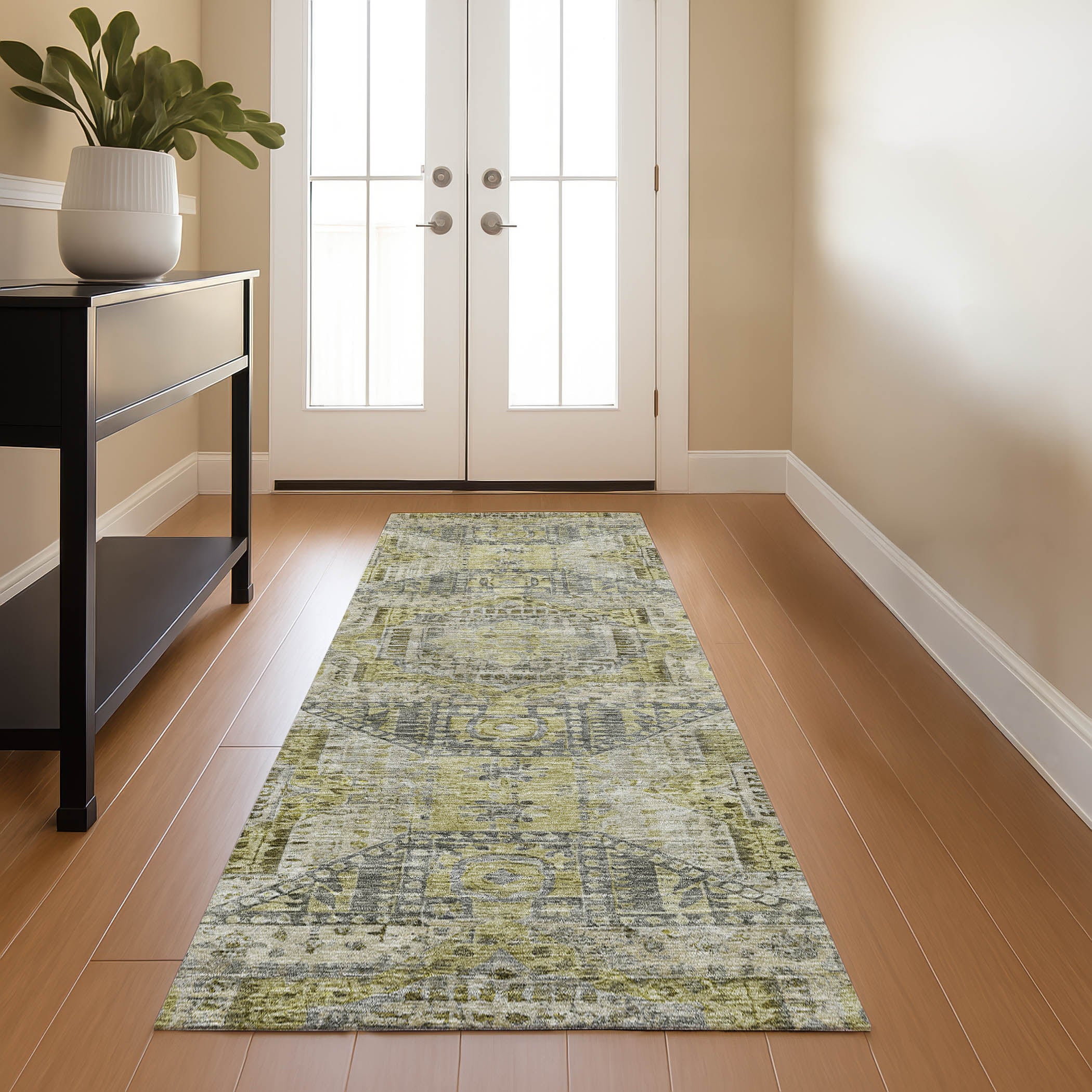 Oaxaca Machine Washable Traditional Khaki Brown Rug 2'3" x 7'6" #shape_Runner