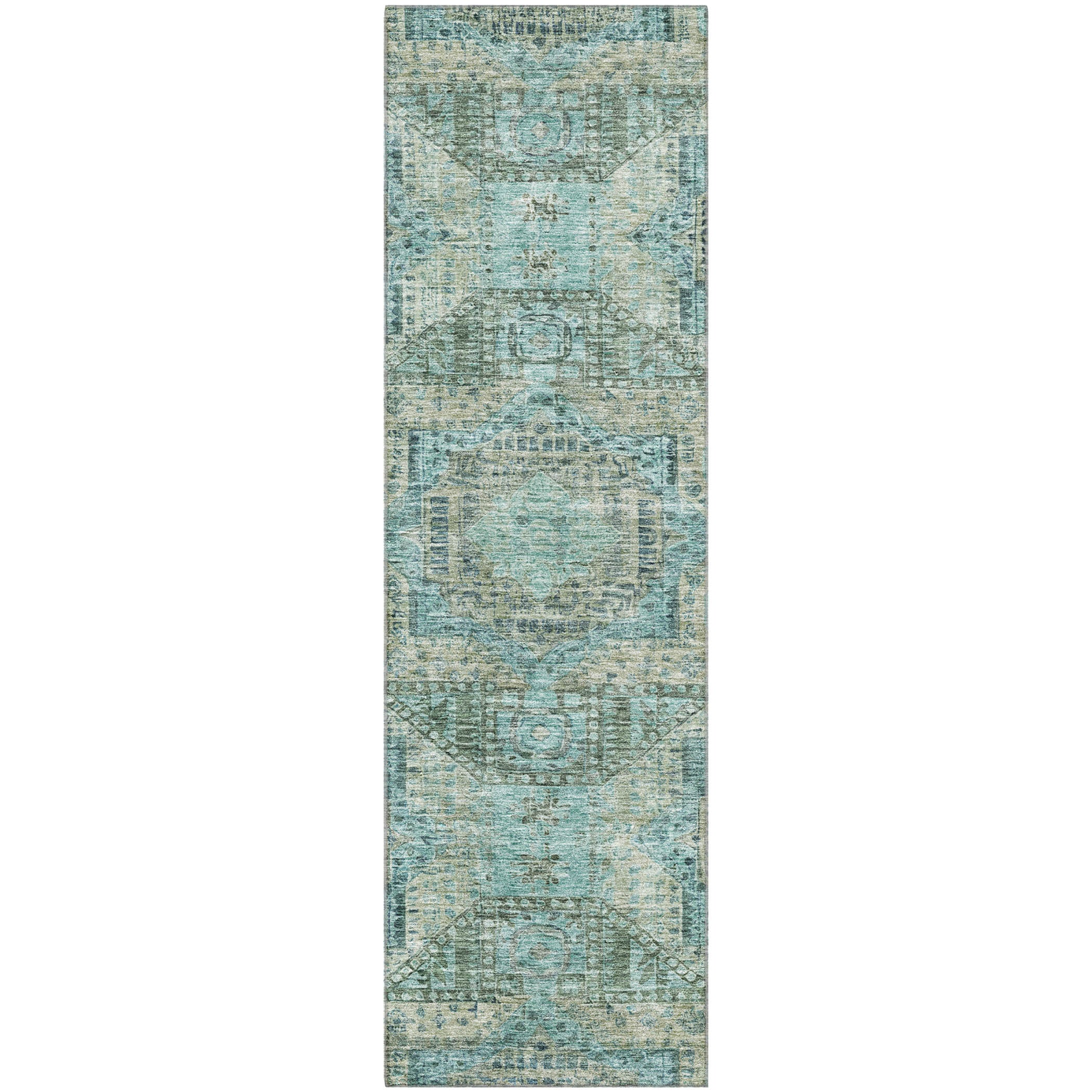 Oaxaca Machine Washable Traditional Sage Green Rug 2'3" x 7'6" #shape_Runner