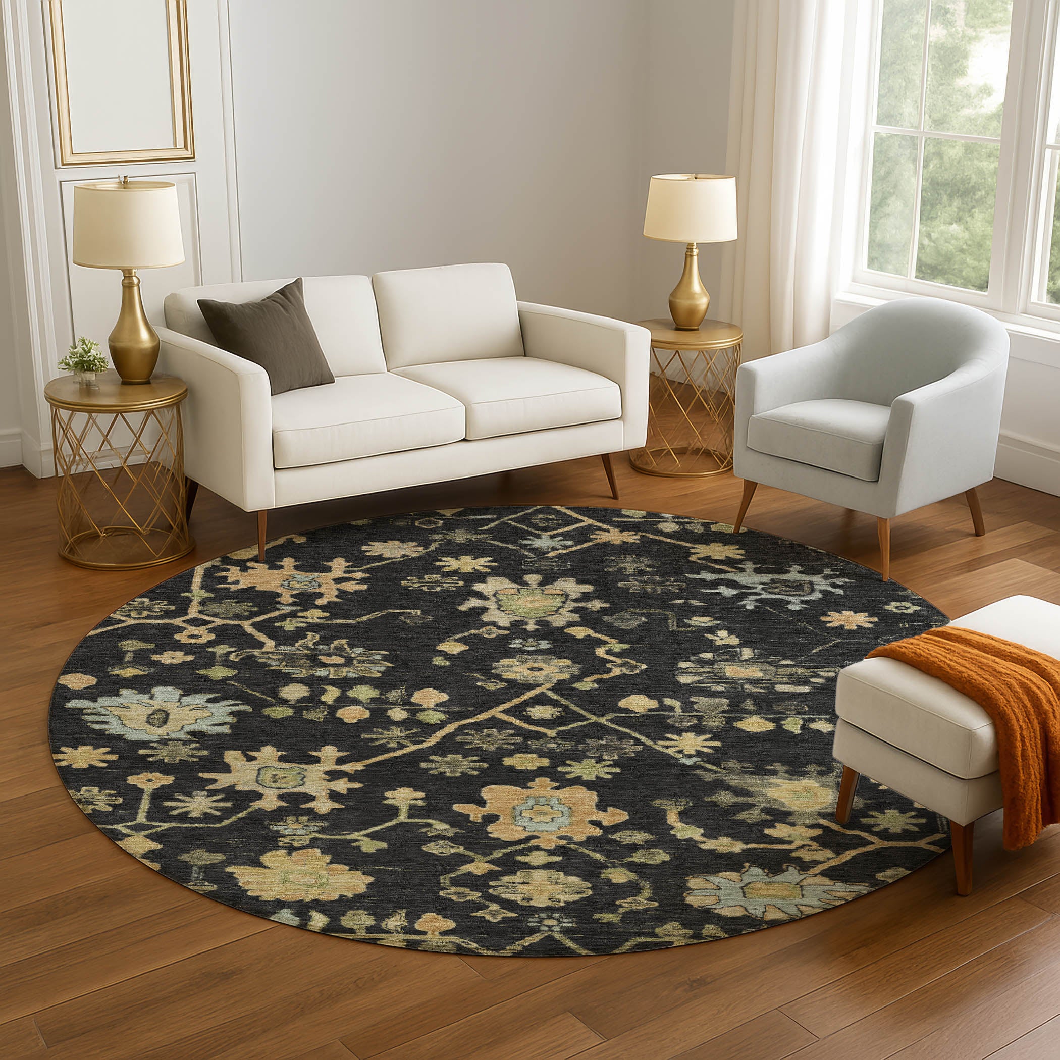 Bern Machine Washable Traditional Black Rug 8' x 8' #shape_Round