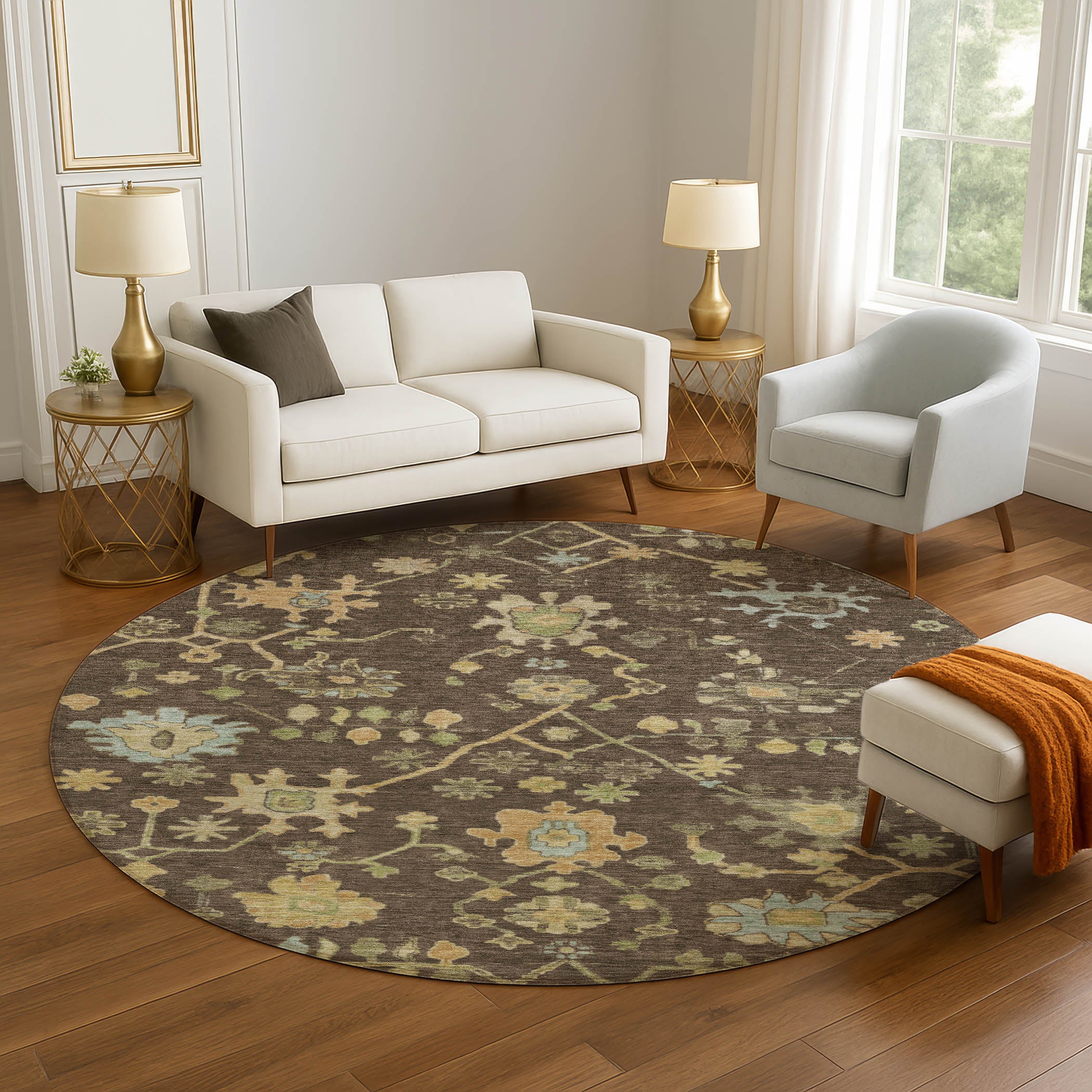Bern Machine Washable Traditional Brown Rug 8' x 8' #shape_Round