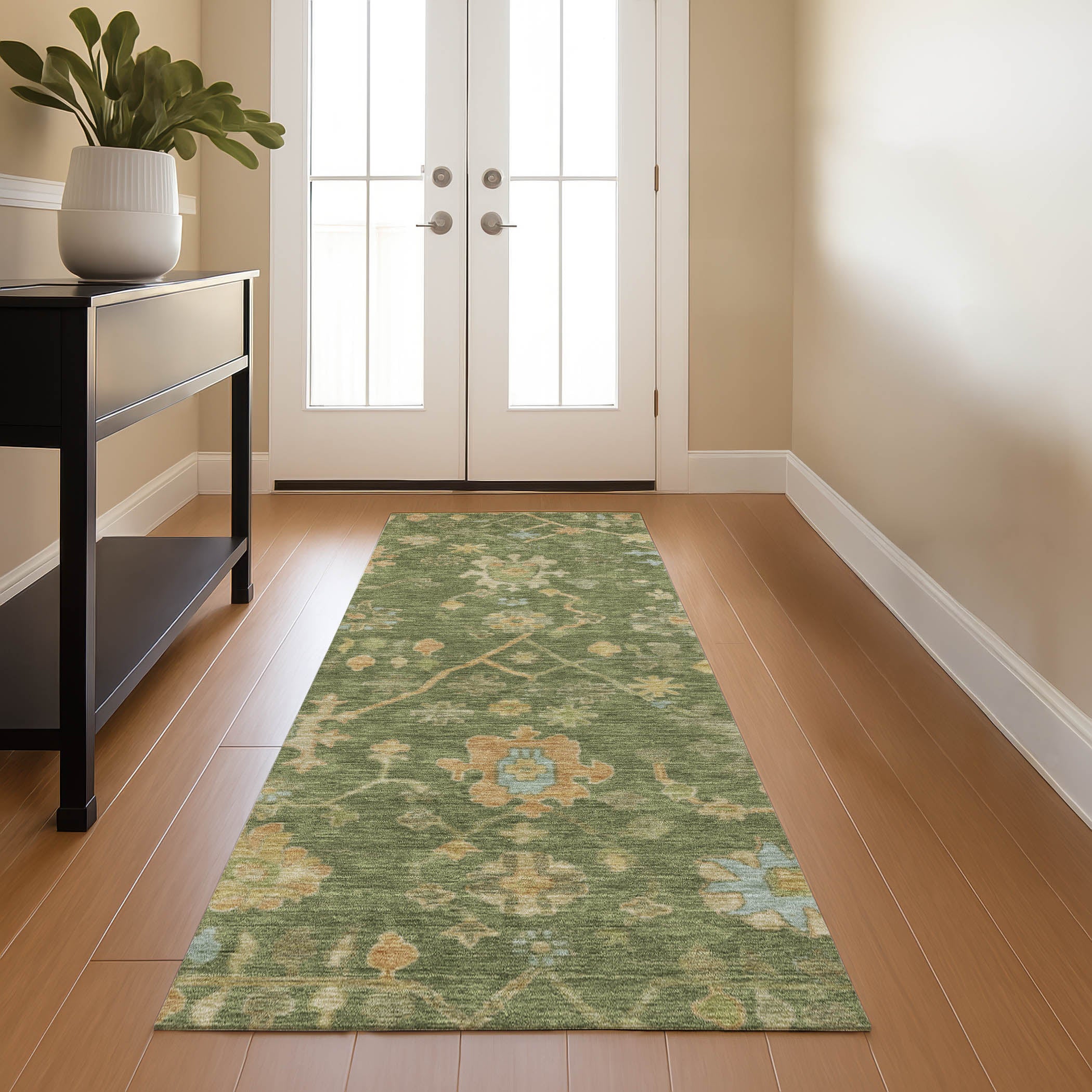 Bern Machine Washable Traditional Fern Green Rug 2'3" x 7'6" #shape_Runner