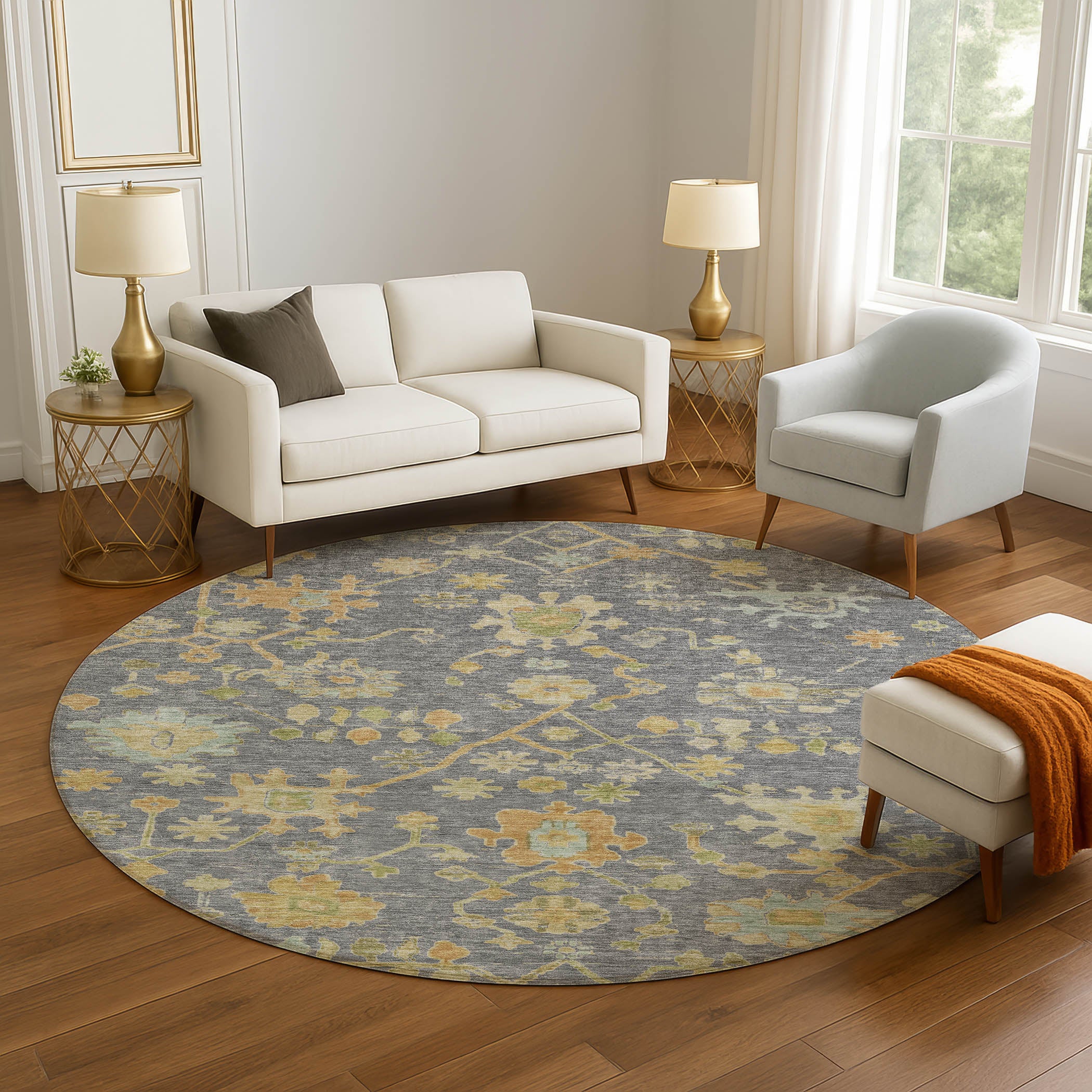 Bern Machine Washable Traditional Gray Rug 8' x 8' #shape_Round