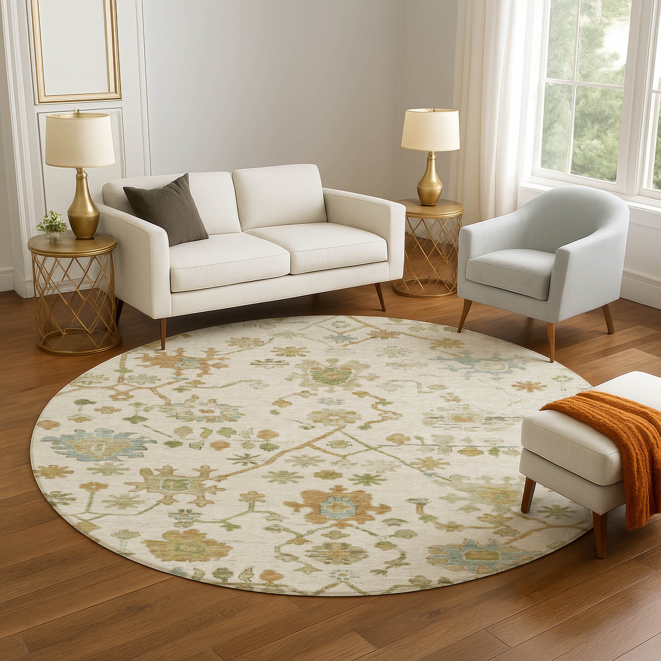 Bern Machine Washable Traditional Ivory Rug 8' x 8' #shape_Round