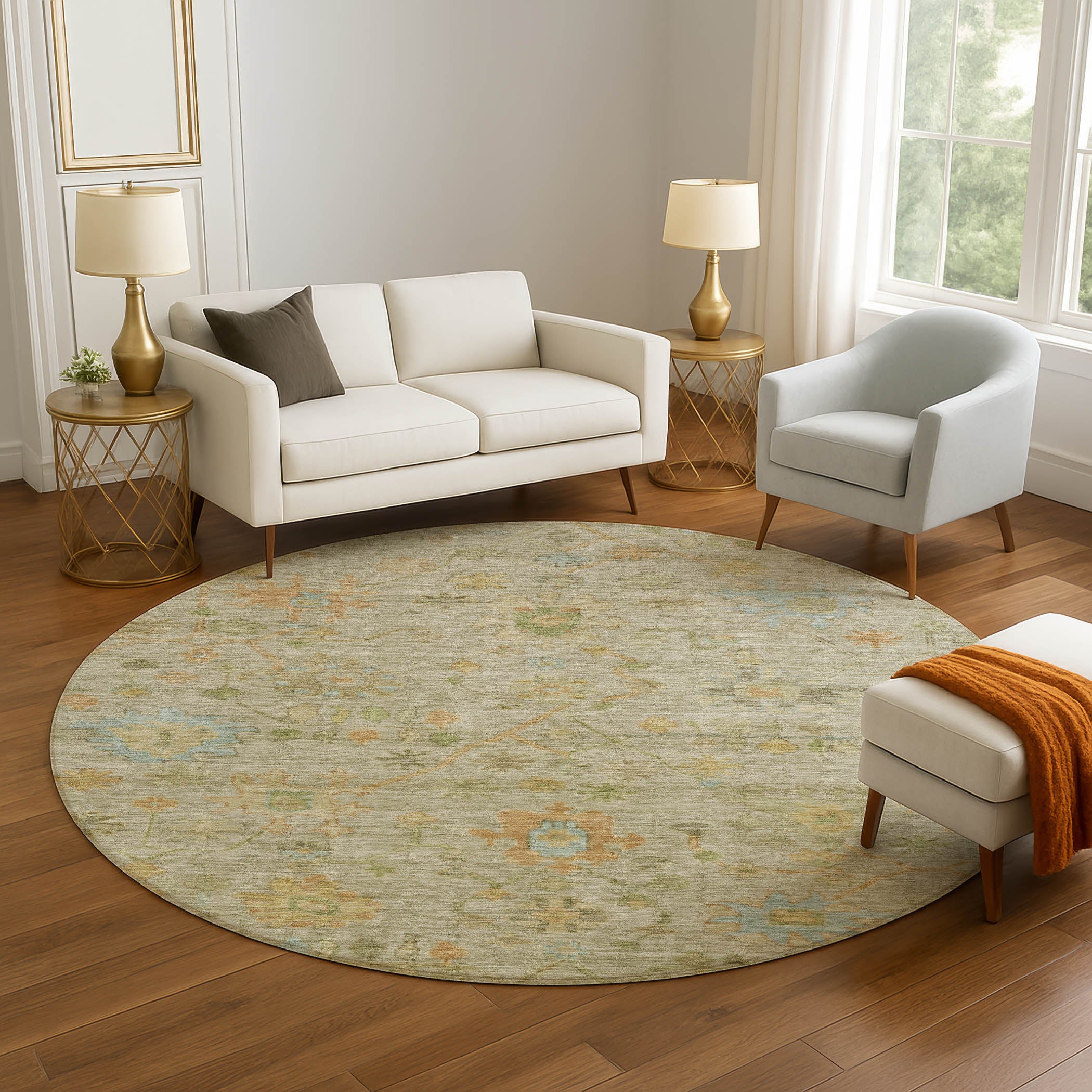 Bern Machine Washable Traditional Khaki Brown Rug 8' x 8' #shape_Round
