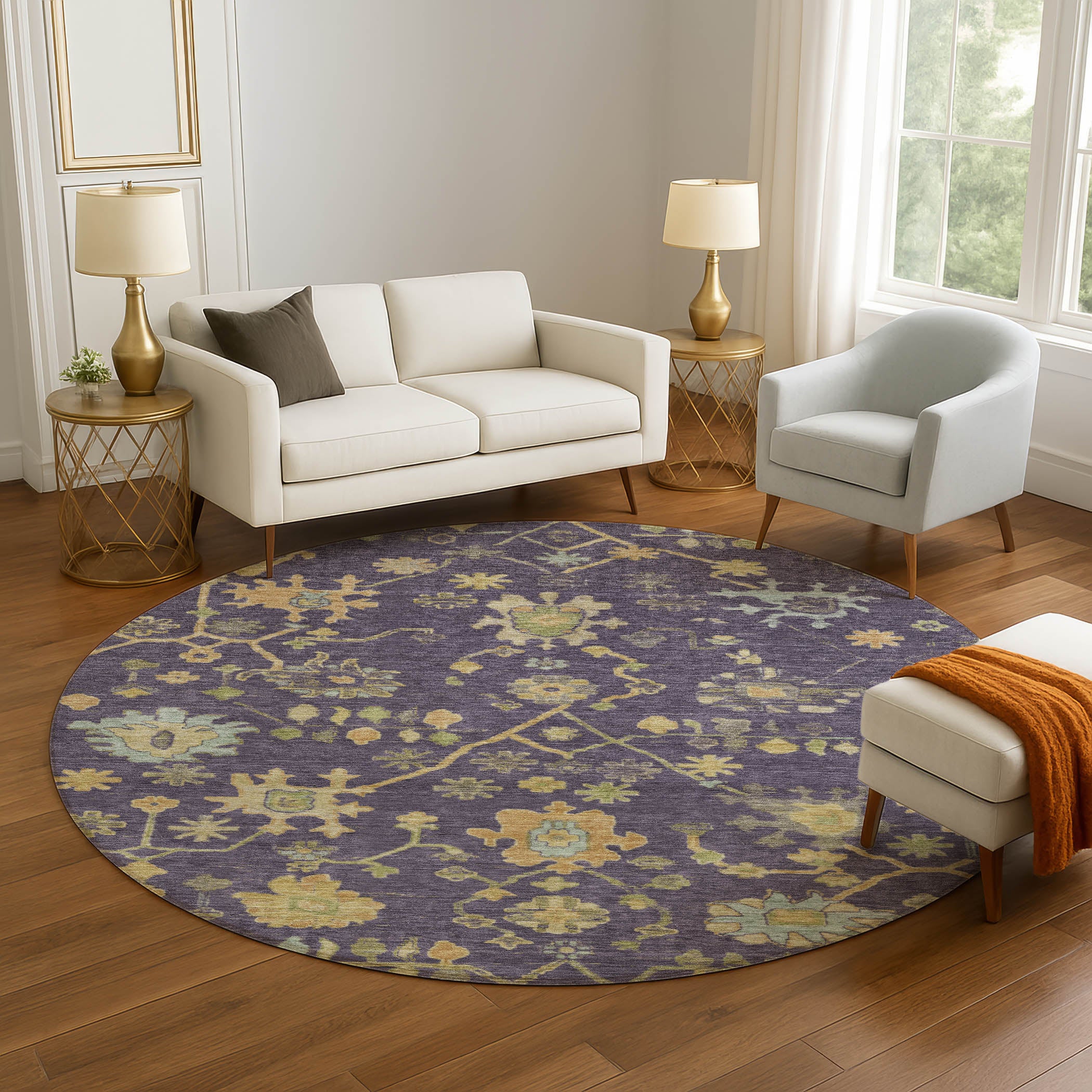 Bern Machine Washable Traditional Purple Rug 8' x 8' #shape_Round