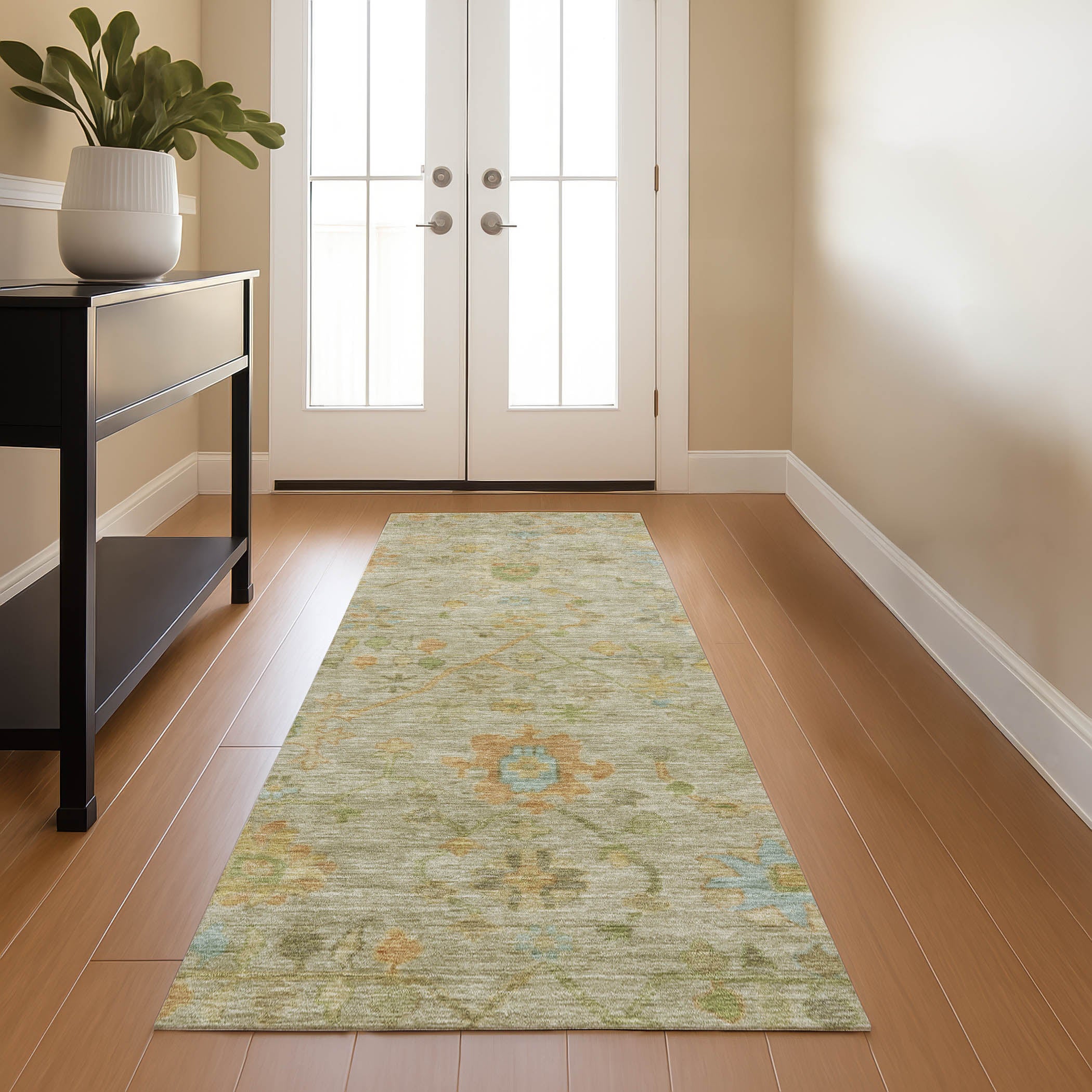 Bern Machine Washable Traditional Sage Green Rug 2'3" x 7'6" #shape_Runner