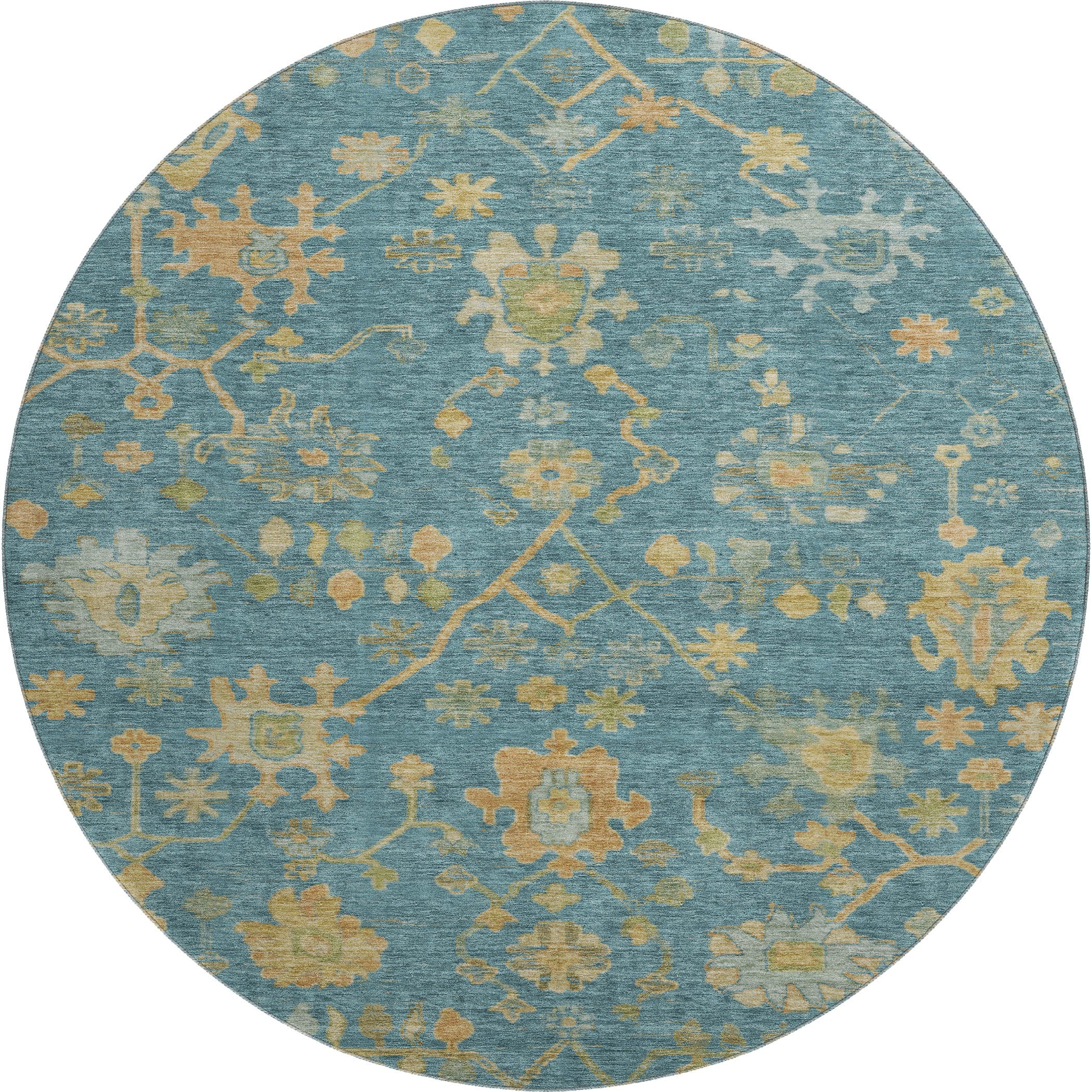 Bern Machine Washable Traditional Teal Rug 8' x 8' #shape_Round