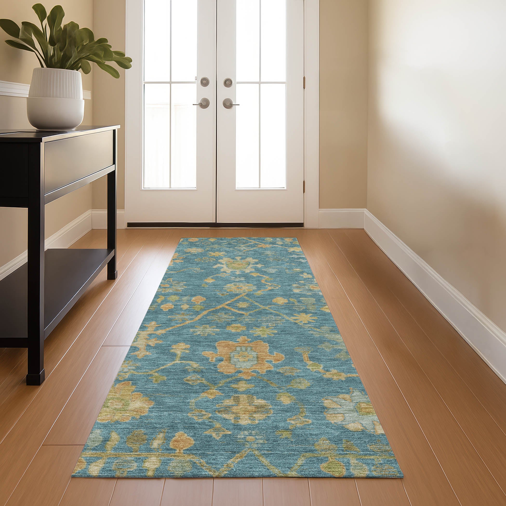 Bern Machine Washable Traditional Teal Rug 2'3" x 7'6" #shape_Runner
