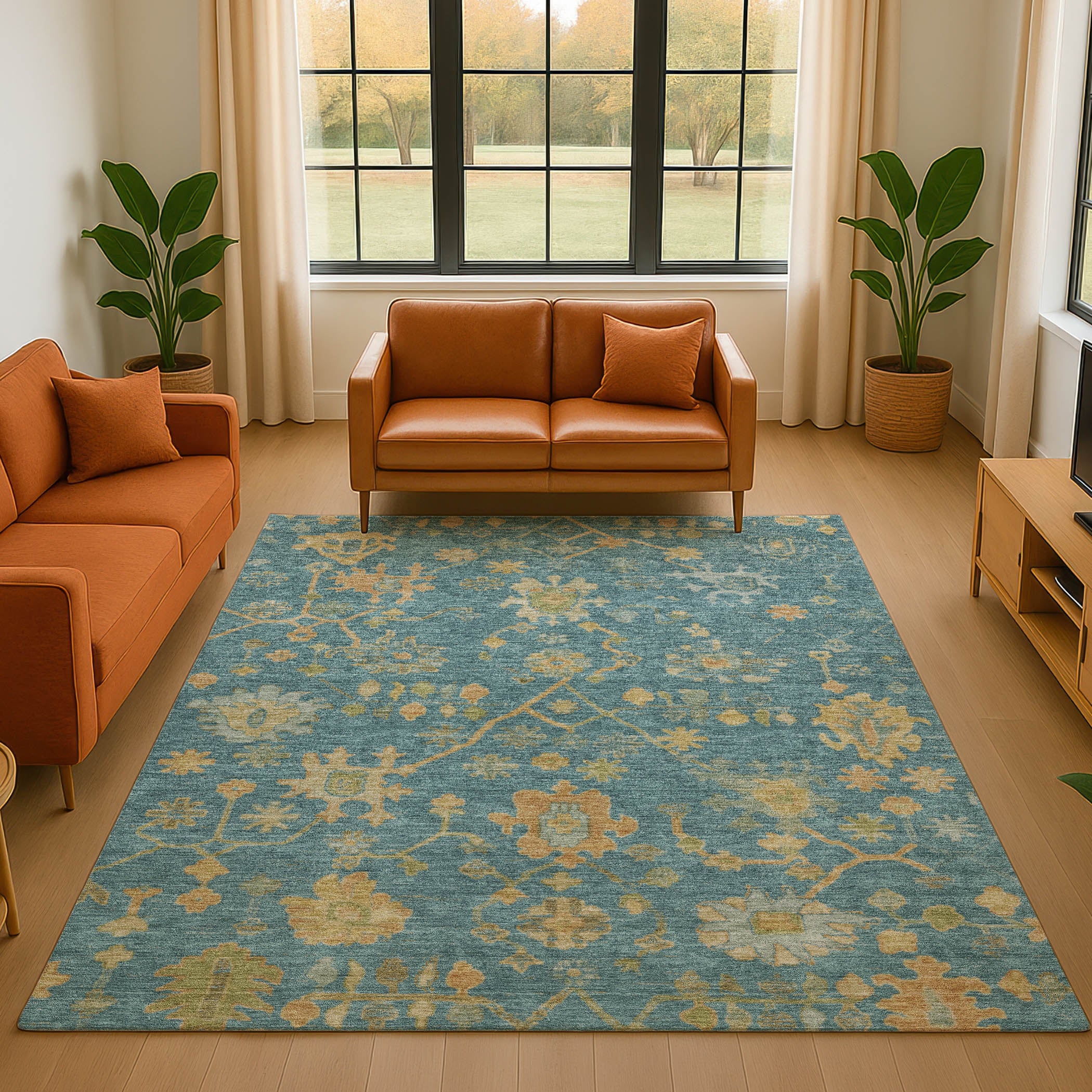 Bern Machine Washable Traditional Teal Rug 2'6" x 3'10" #shape_Rectangle