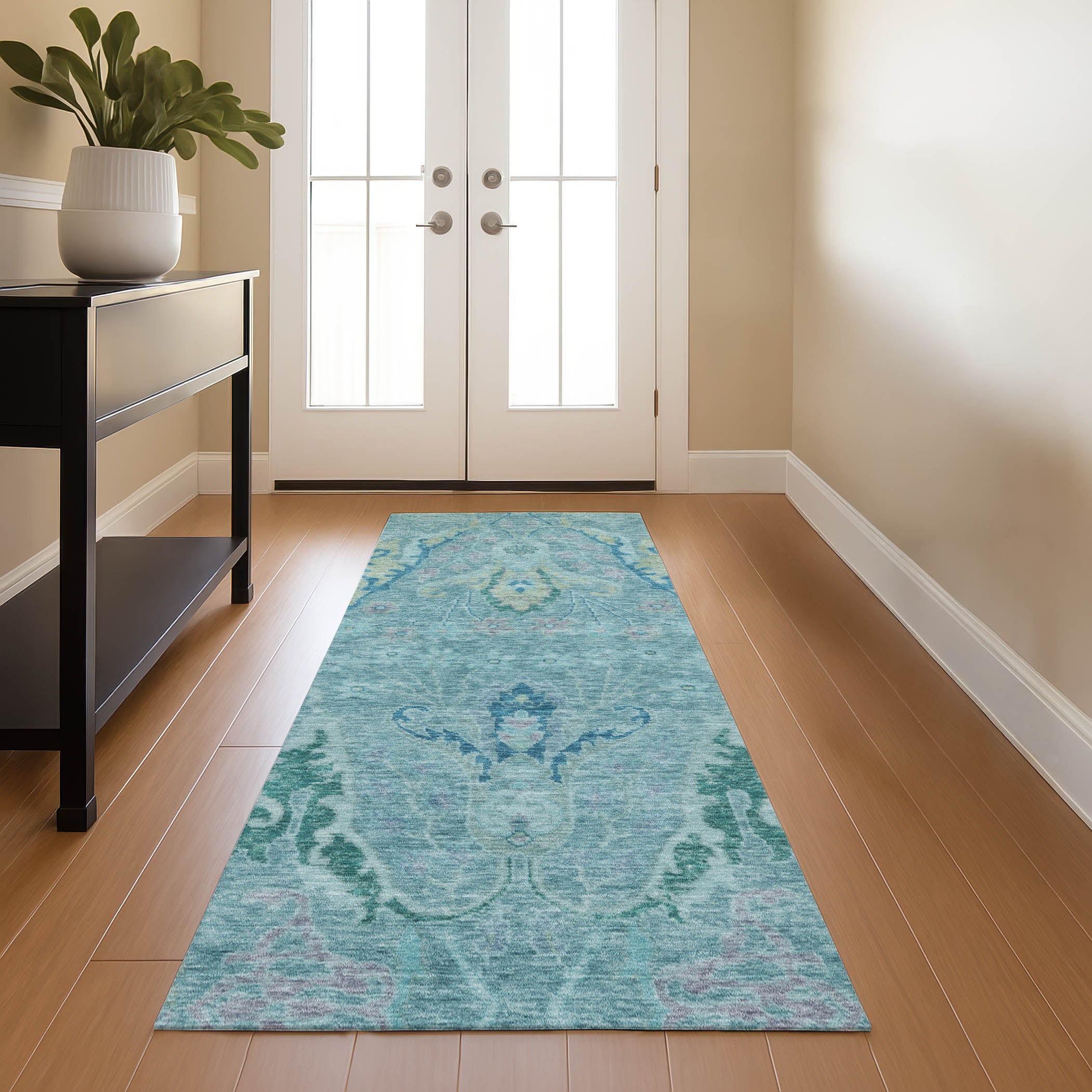 Hoi An Machine Washable Transitional Blue Rug 2'3" x 7'6" #shape_Runner