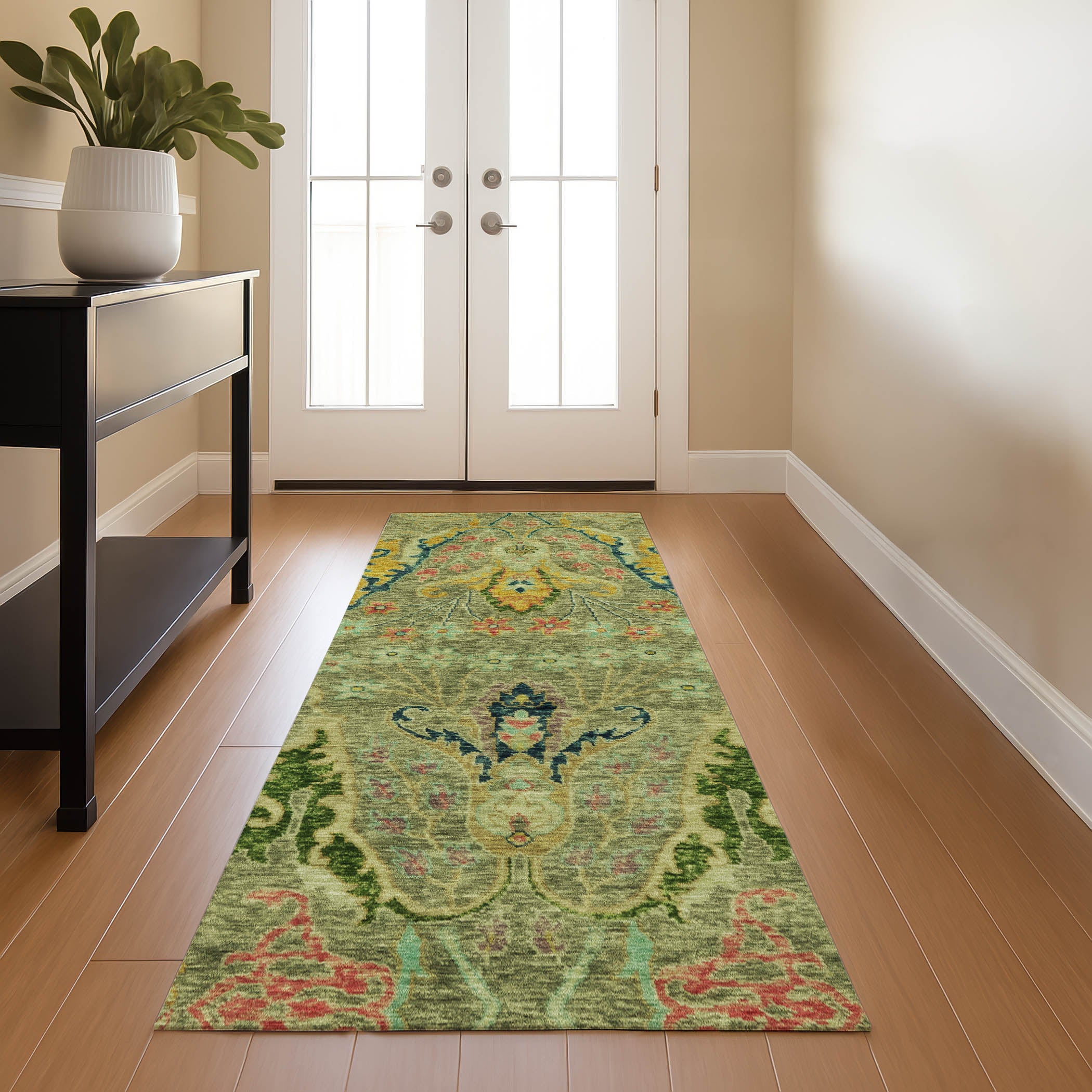 Hoi An Machine Washable Transitional Green Rug 2'3" x 7'6" #shape_Runner