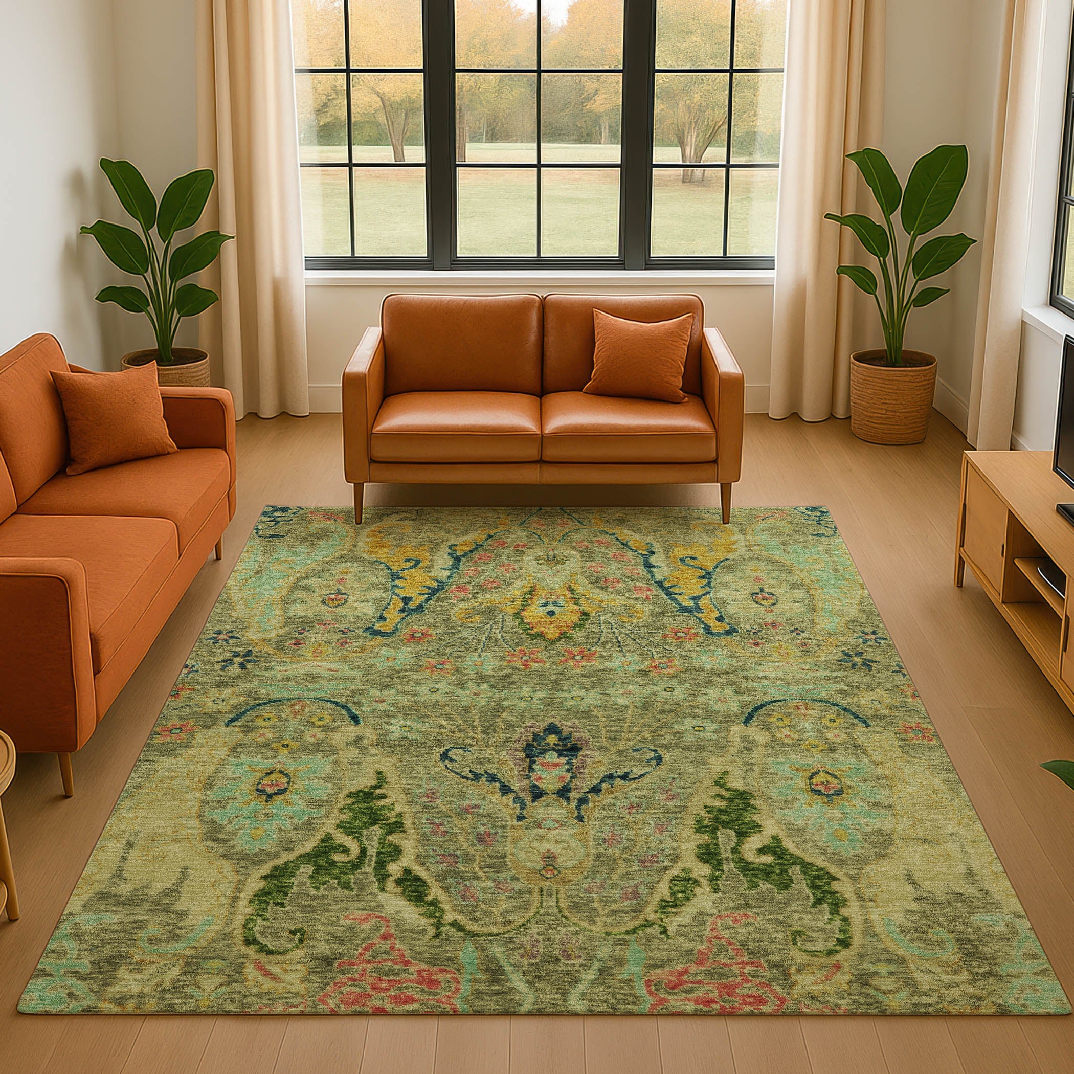 Hoi An Machine Washable Transitional Green Rug 2'6" x 3'10" #shape_Rectangle