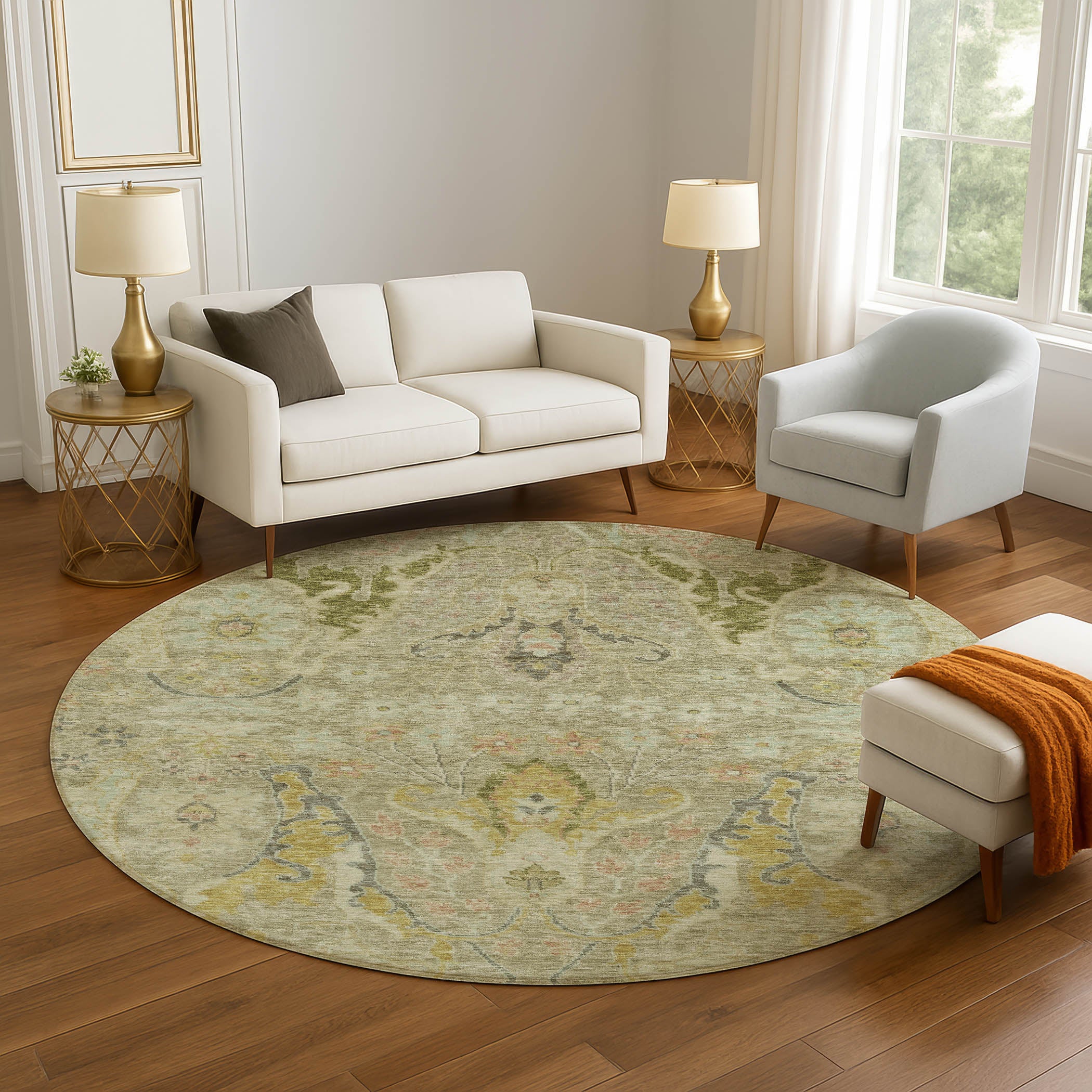 Hoi An Machine Washable Transitional Khaki Brown Rug 8' x 8' #shape_Round