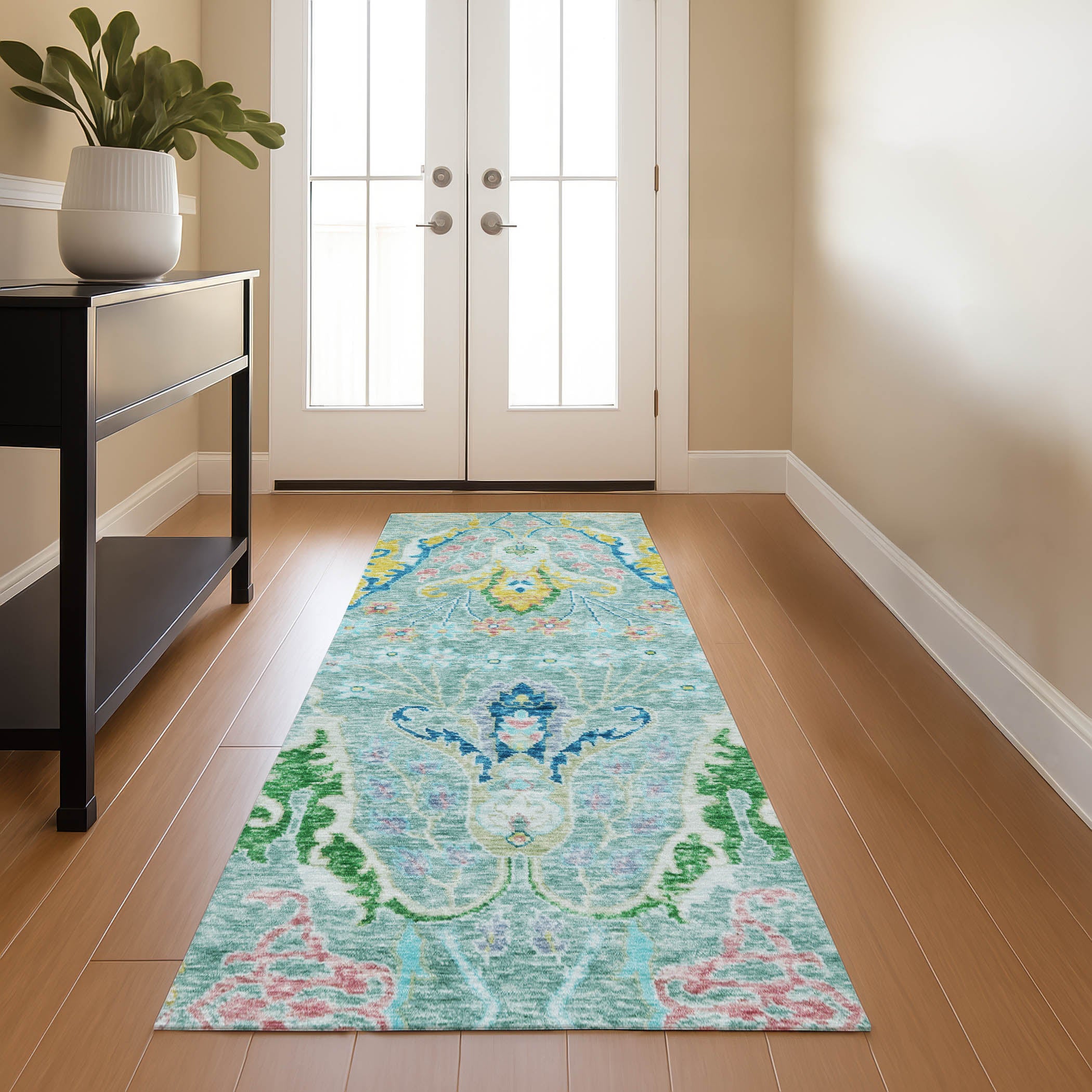 Hoi An Machine Washable Transitional Teal Rug 2'3" x 7'6" #shape_Runner