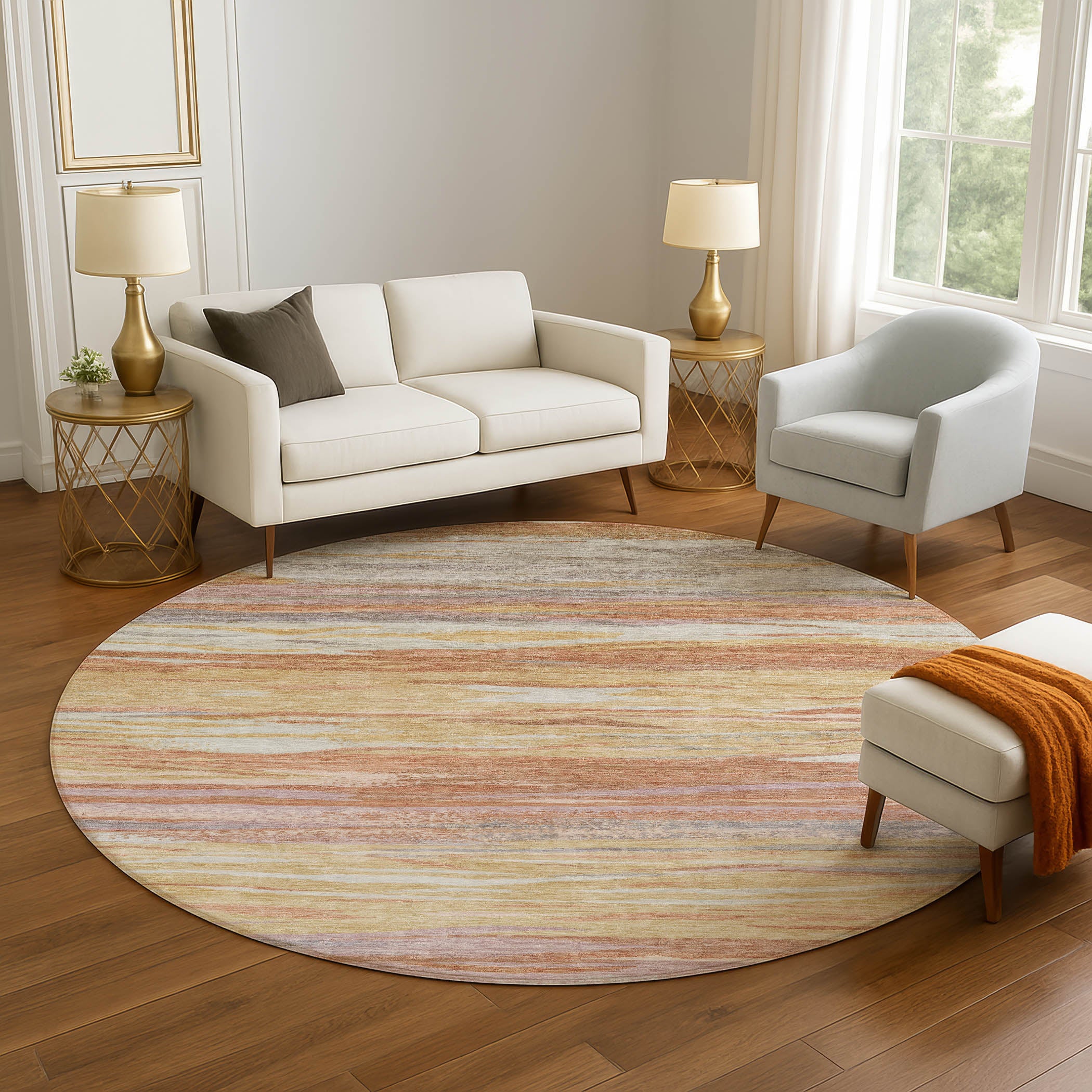 Athens Machine Washable Transitional Salmon Orange Rug 8' x 8' #shape_Round