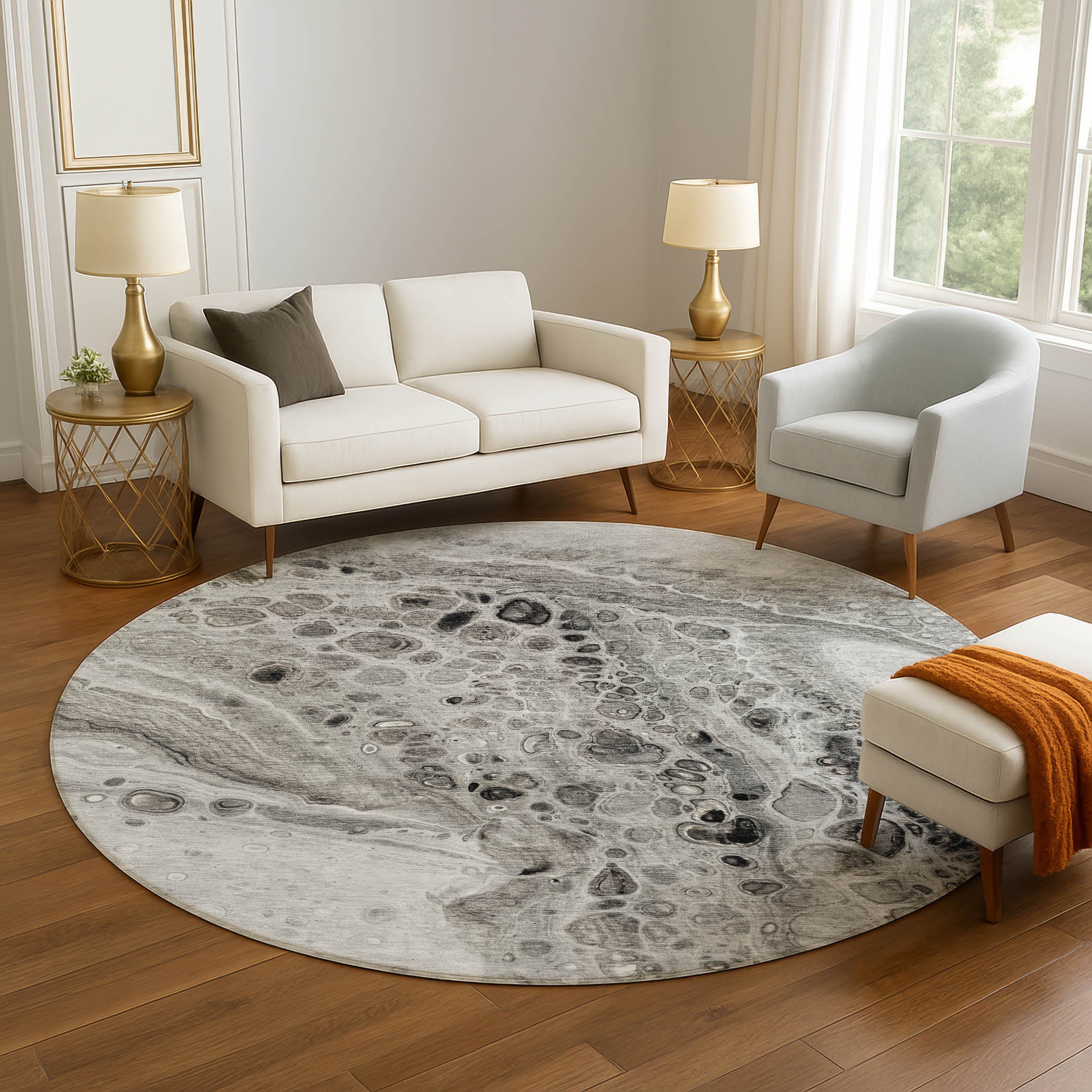 Lisbon Machine Washable Transitional Pewter Gray Rug 8' x 8' #shape_Round