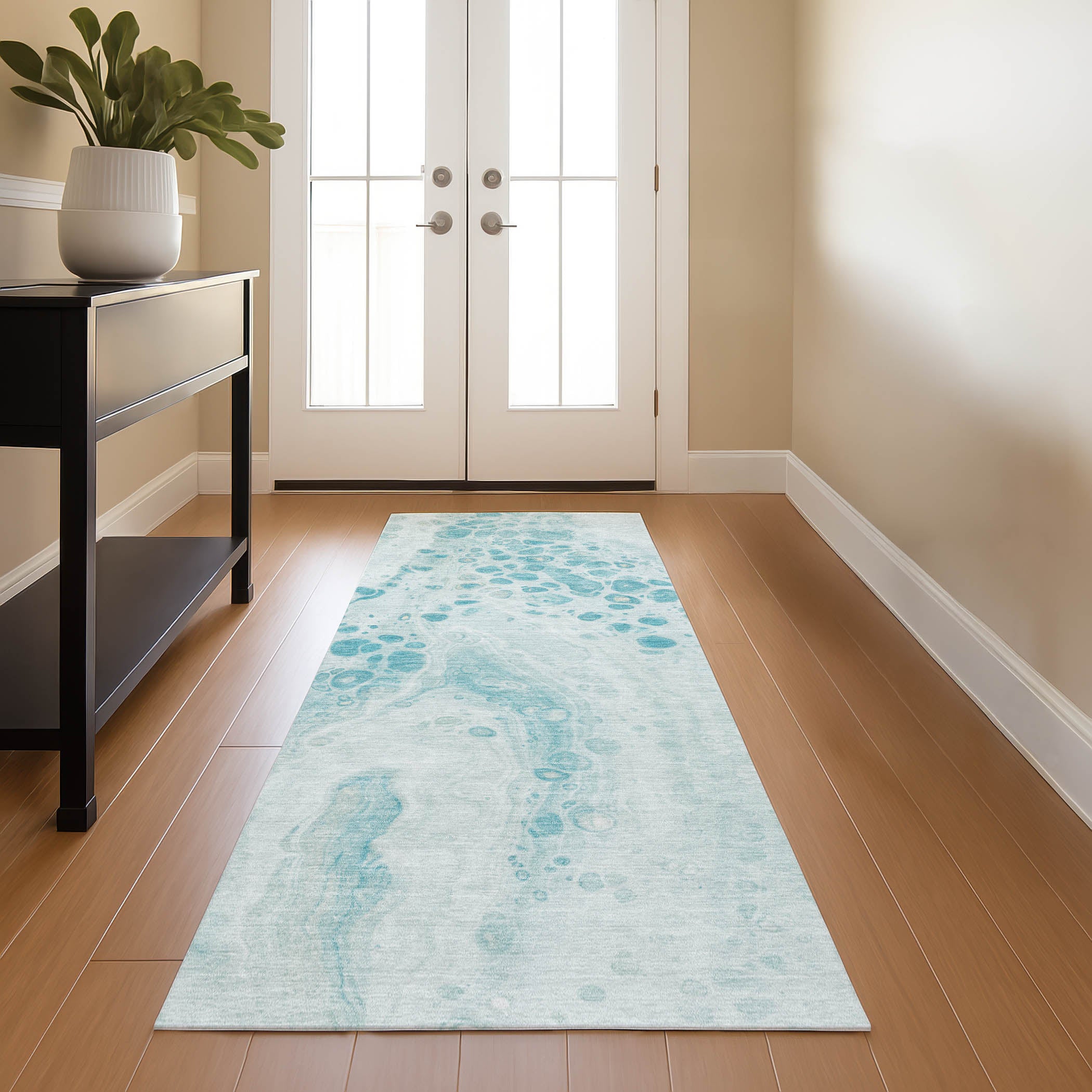 Bruges Machine Washable Transitional Teal Rug 2'3" x 7'6" #shape_Runner