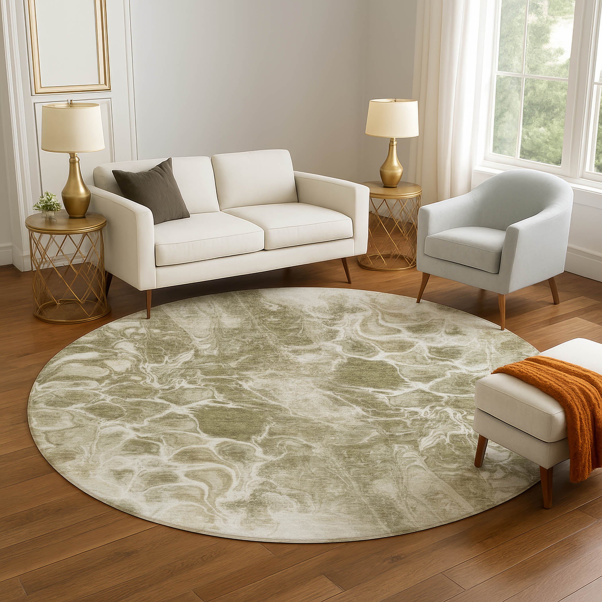 Bogota Machine Washable Transitional Khaki Brown Rug 8' x 8' #shape_Round
