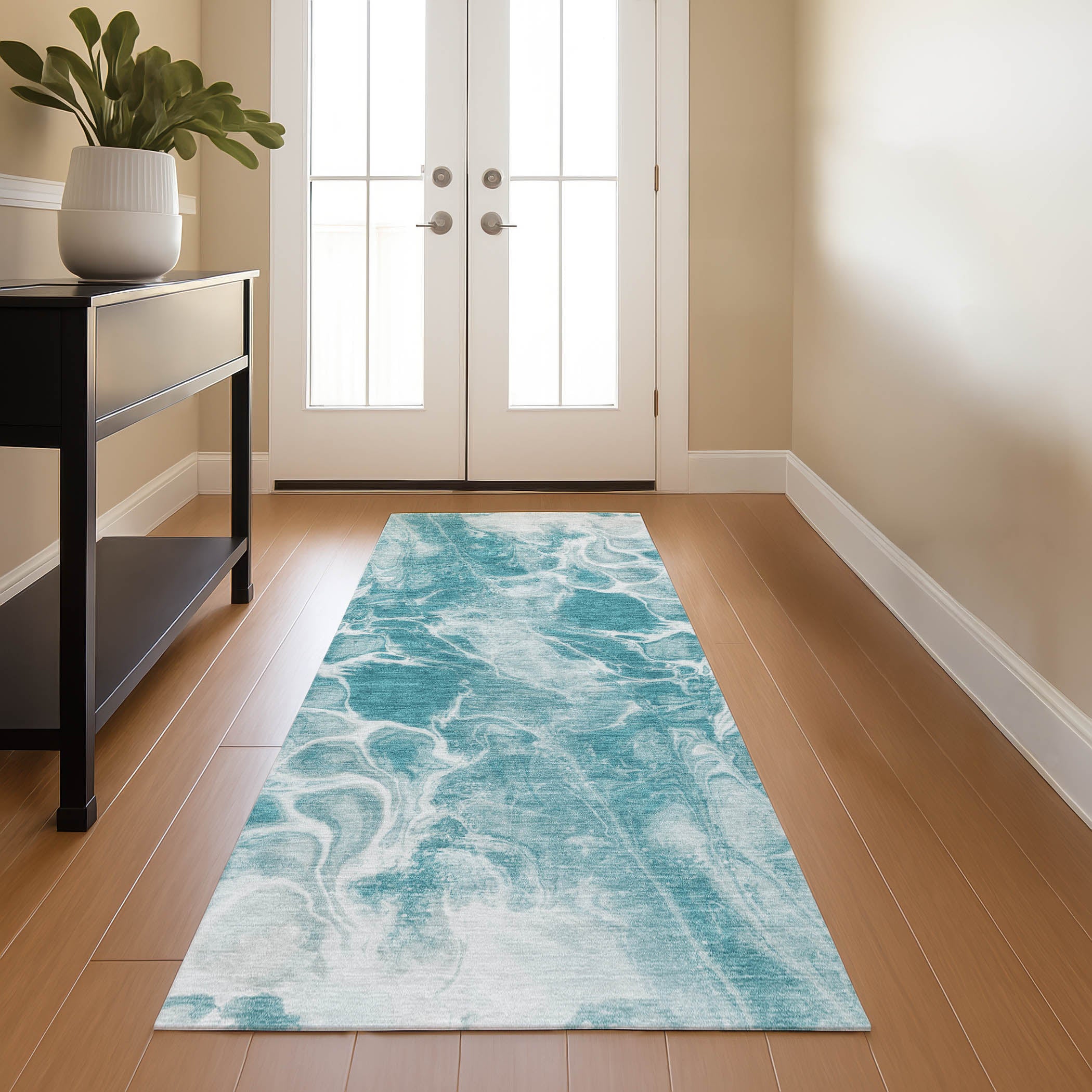 Bogota Machine Washable Transitional Teal Rug 2'3" x 7'6" #shape_Runner