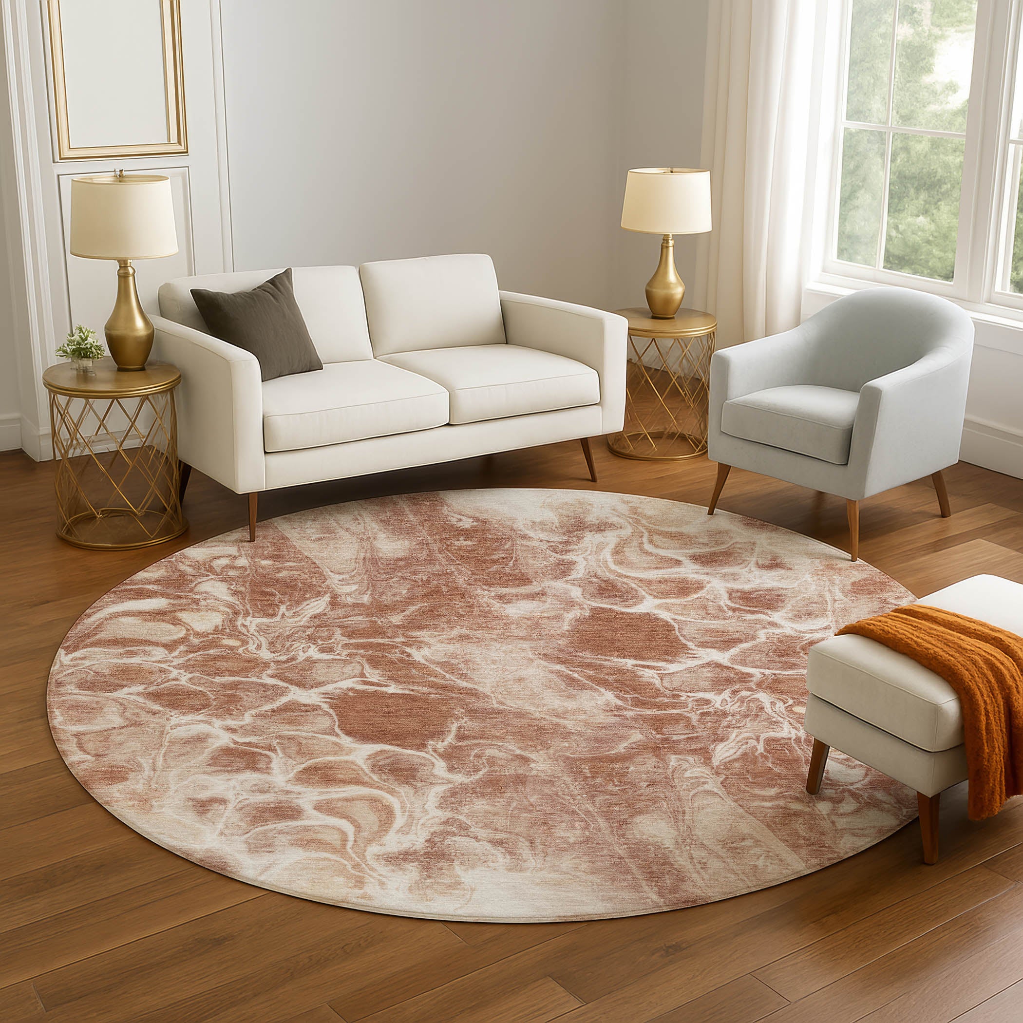 Bogota Machine Washable Transitional Terracotta Orange Rug 8' x 8' #shape_Round
