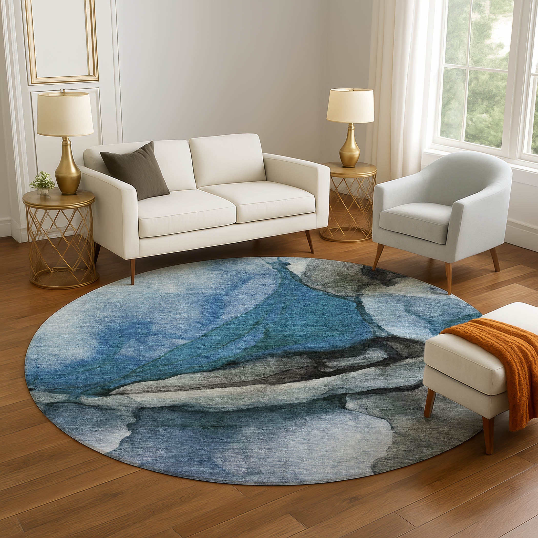 Tbilisi Machine Washable Transitional Blue Rug 8' x 8' #shape_Round