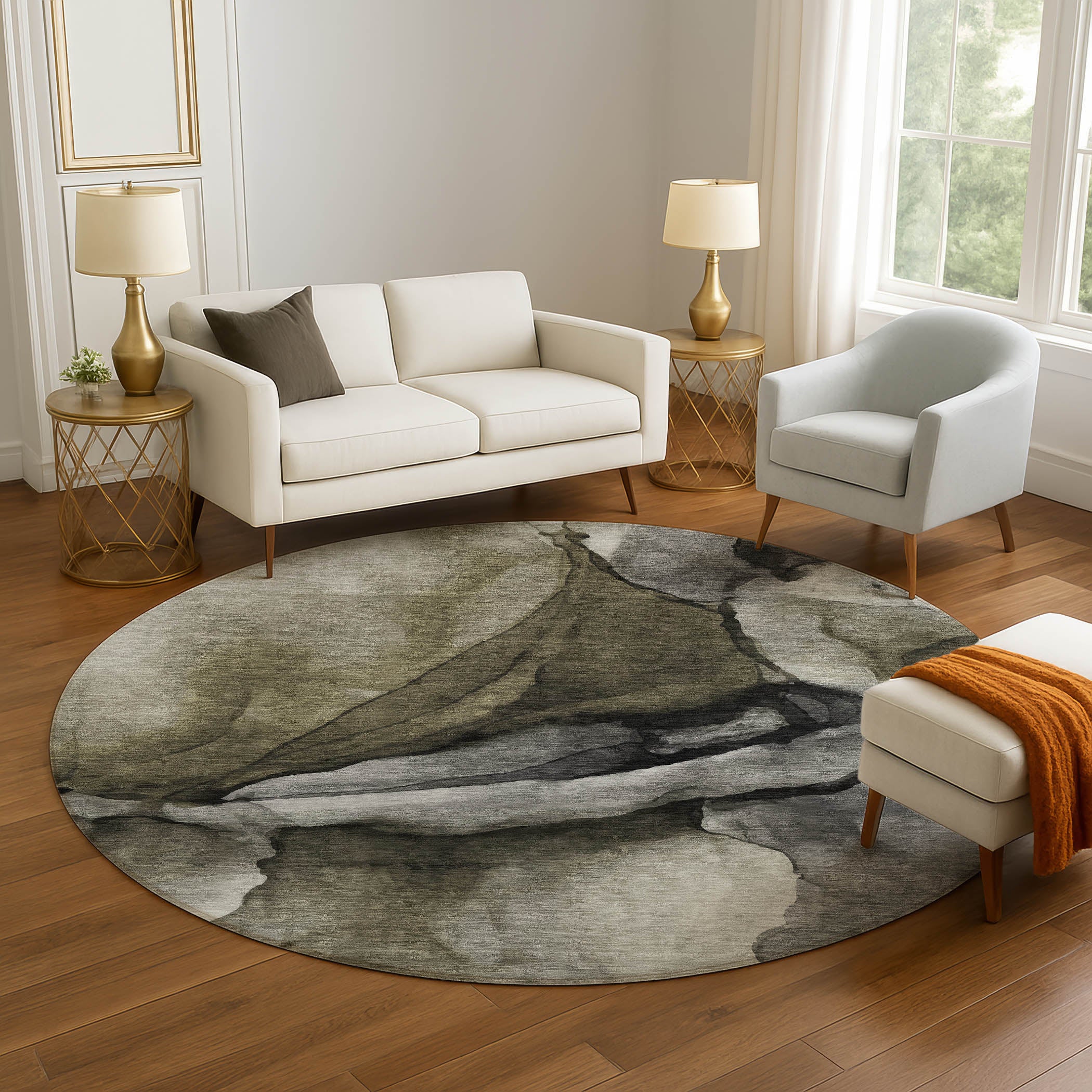 Tbilisi Machine Washable Transitional Gray Rug 8' x 8' #shape_Round