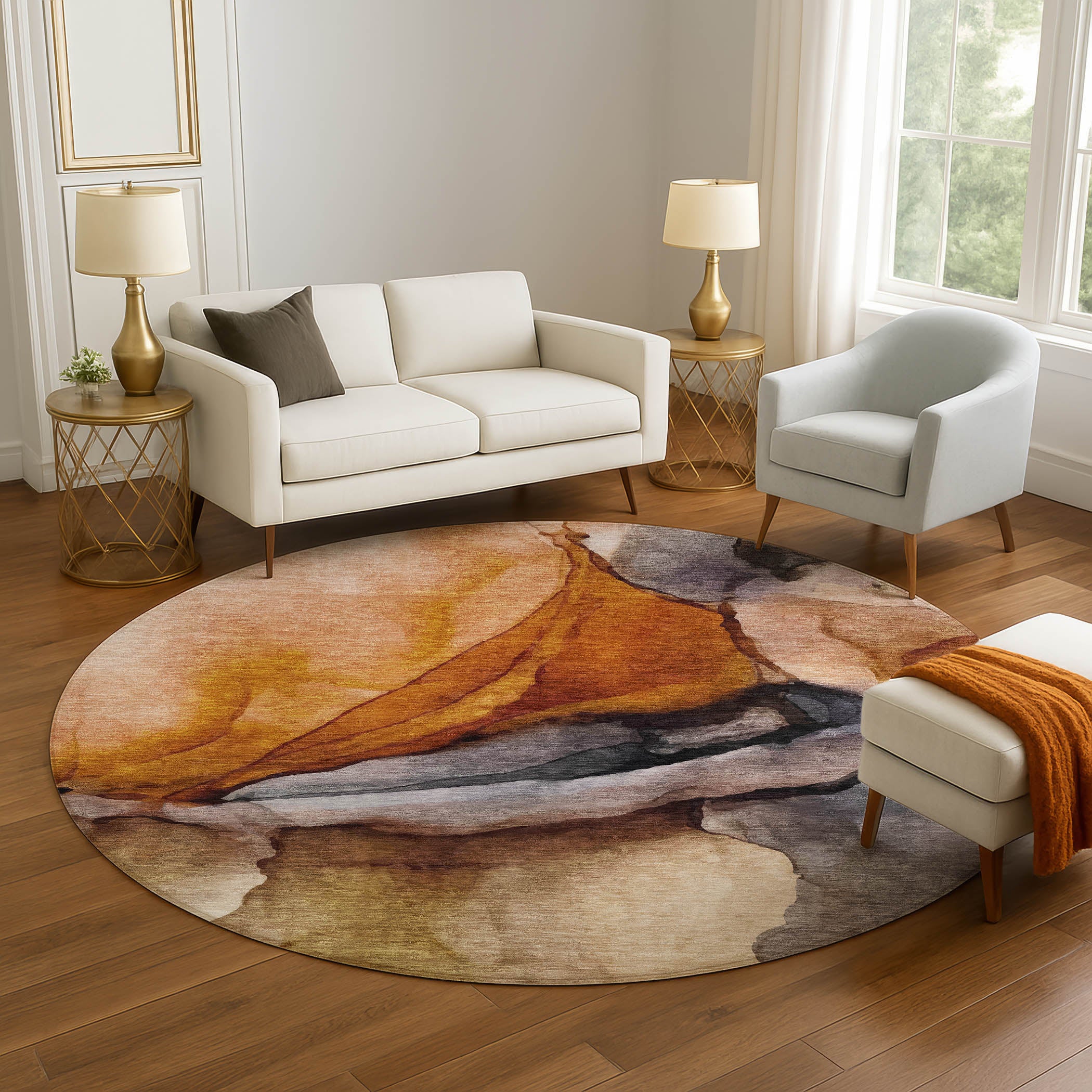 Tbilisi Machine Washable Transitional Paprika Orange Rug 8' x 8' #shape_Round