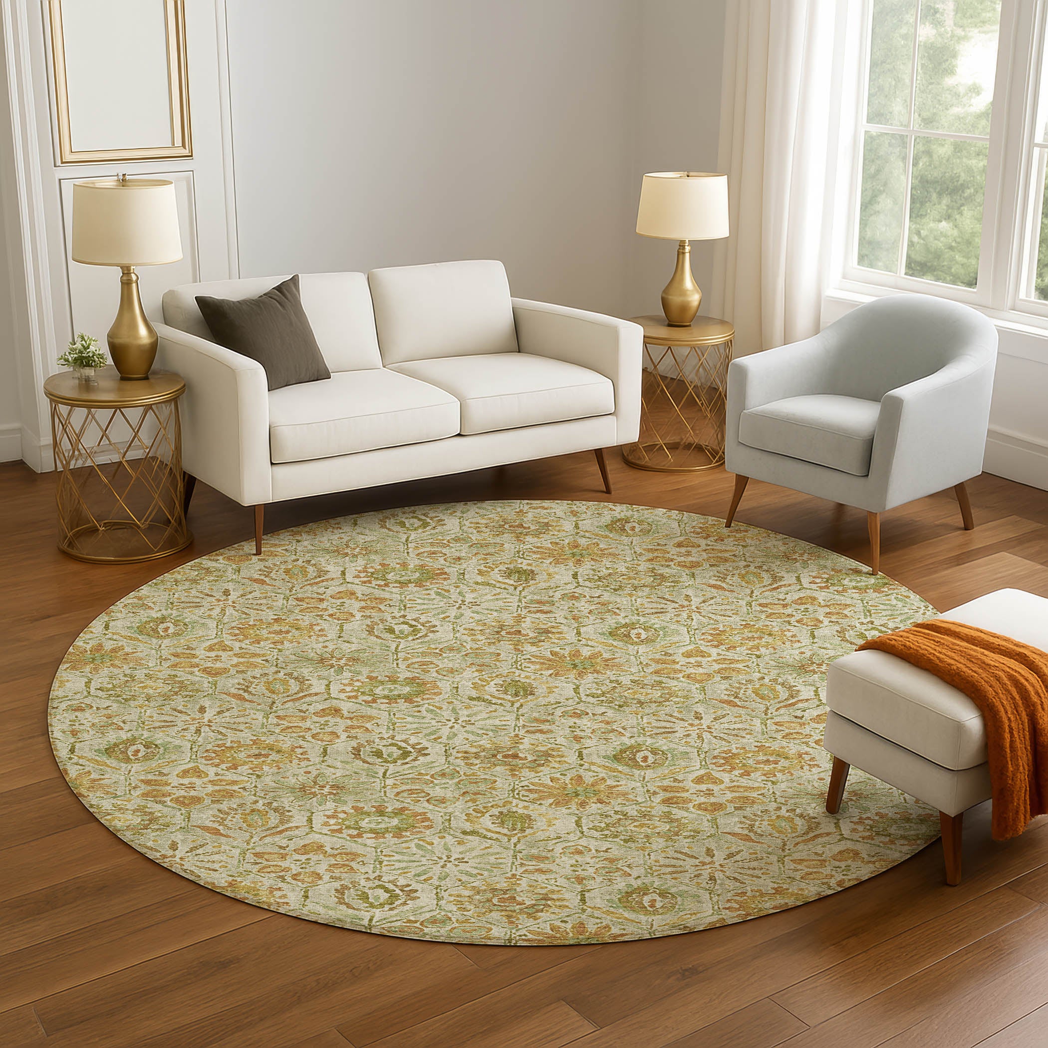 Split Machine Washable Transitional Beige Brown Rug 8' x 8' #shape_Round