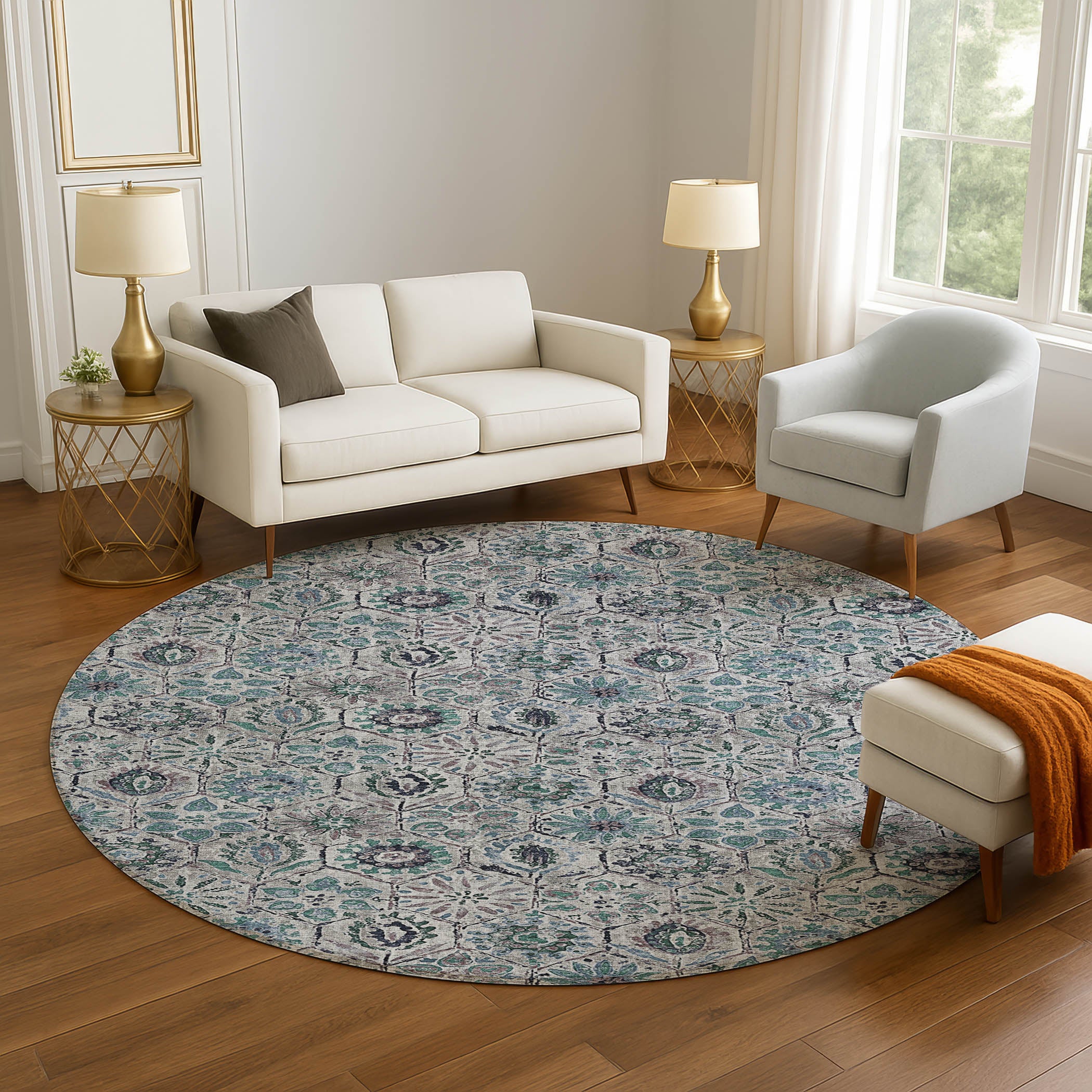 Split Machine Washable Transitional Teal Rug 8' x 8' #shape_Round