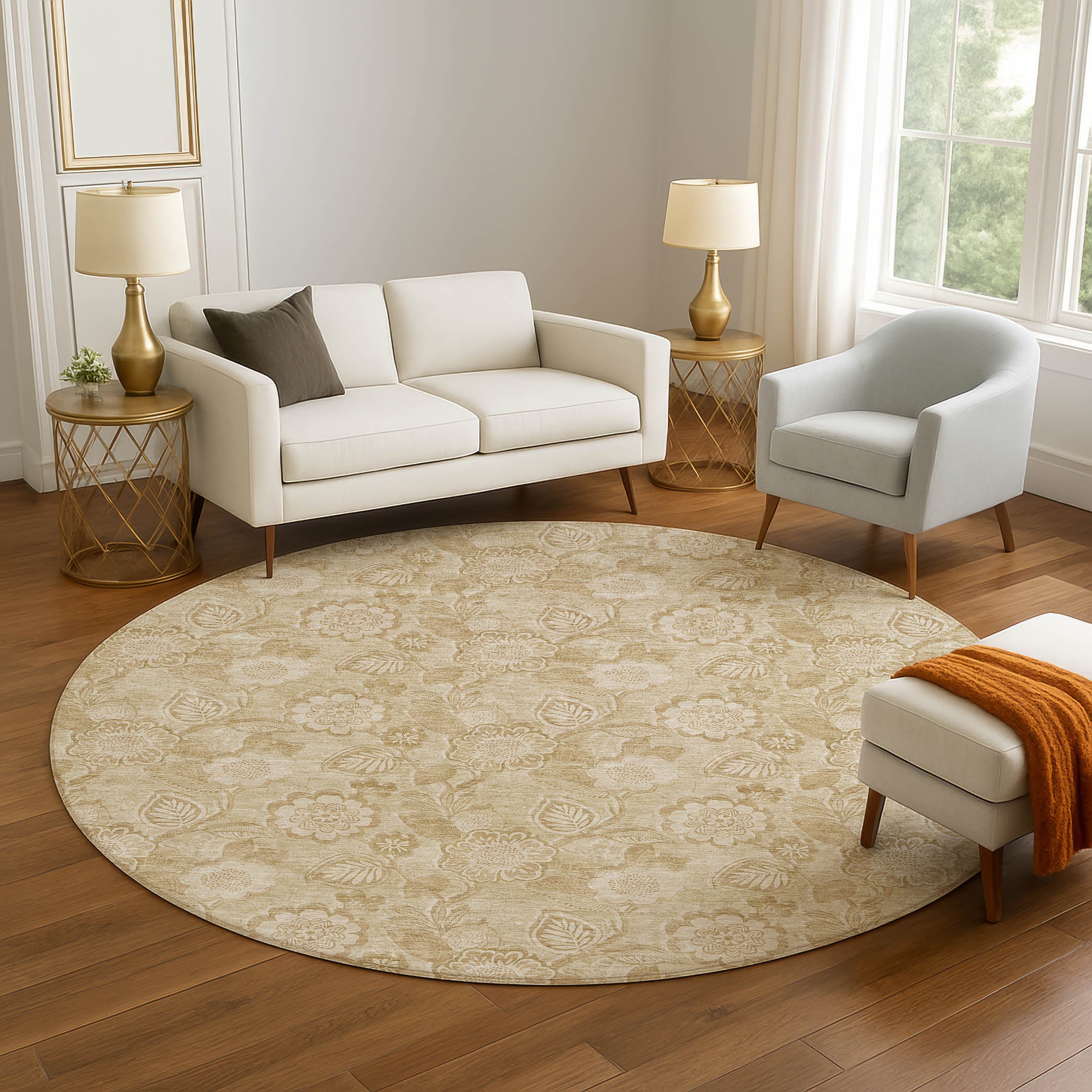 Mdina Machine Washable Transitional Beige Brown Rug 8' x 8' #shape_Round