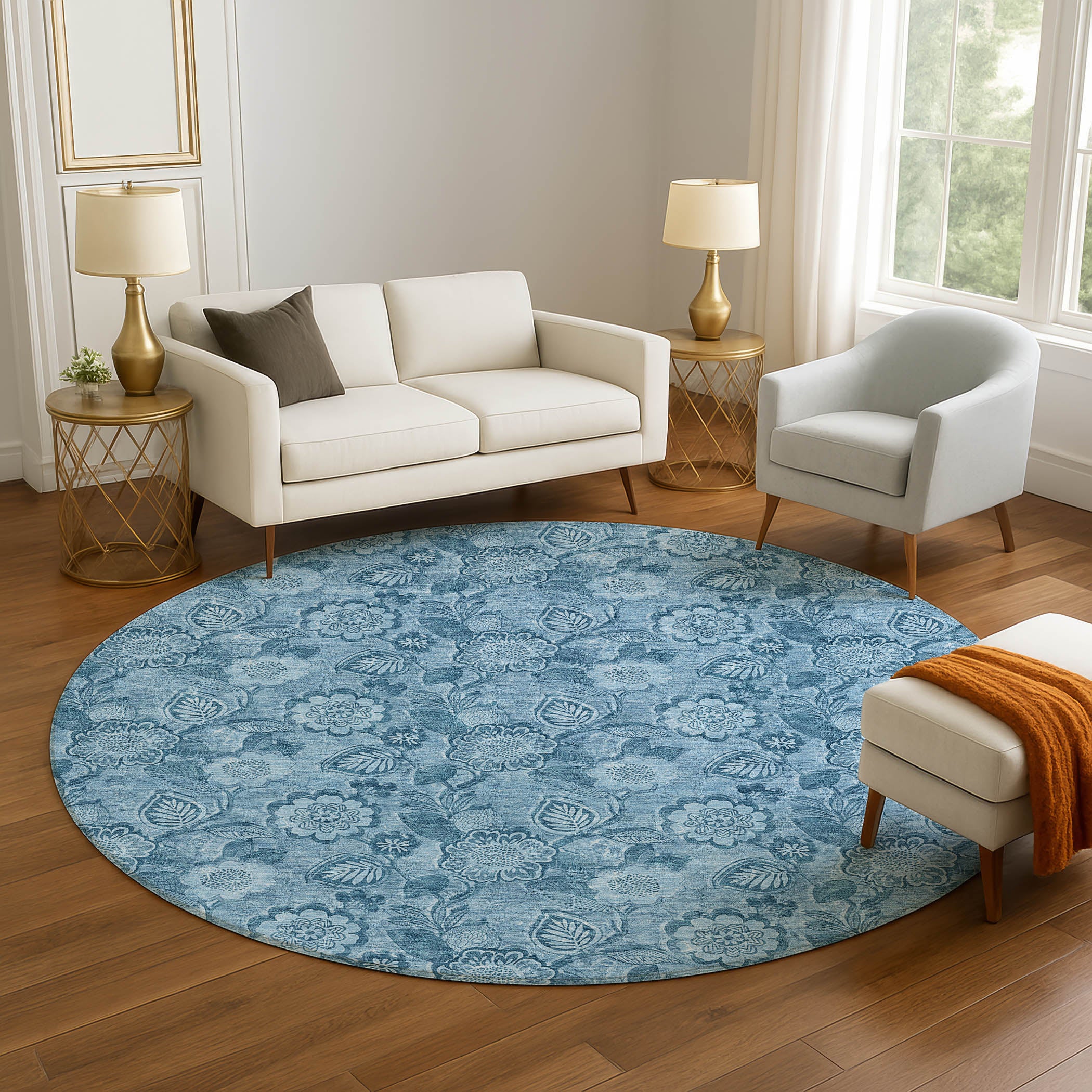 Mdina Machine Washable Transitional Blue Rug 8' x 8' #shape_Round