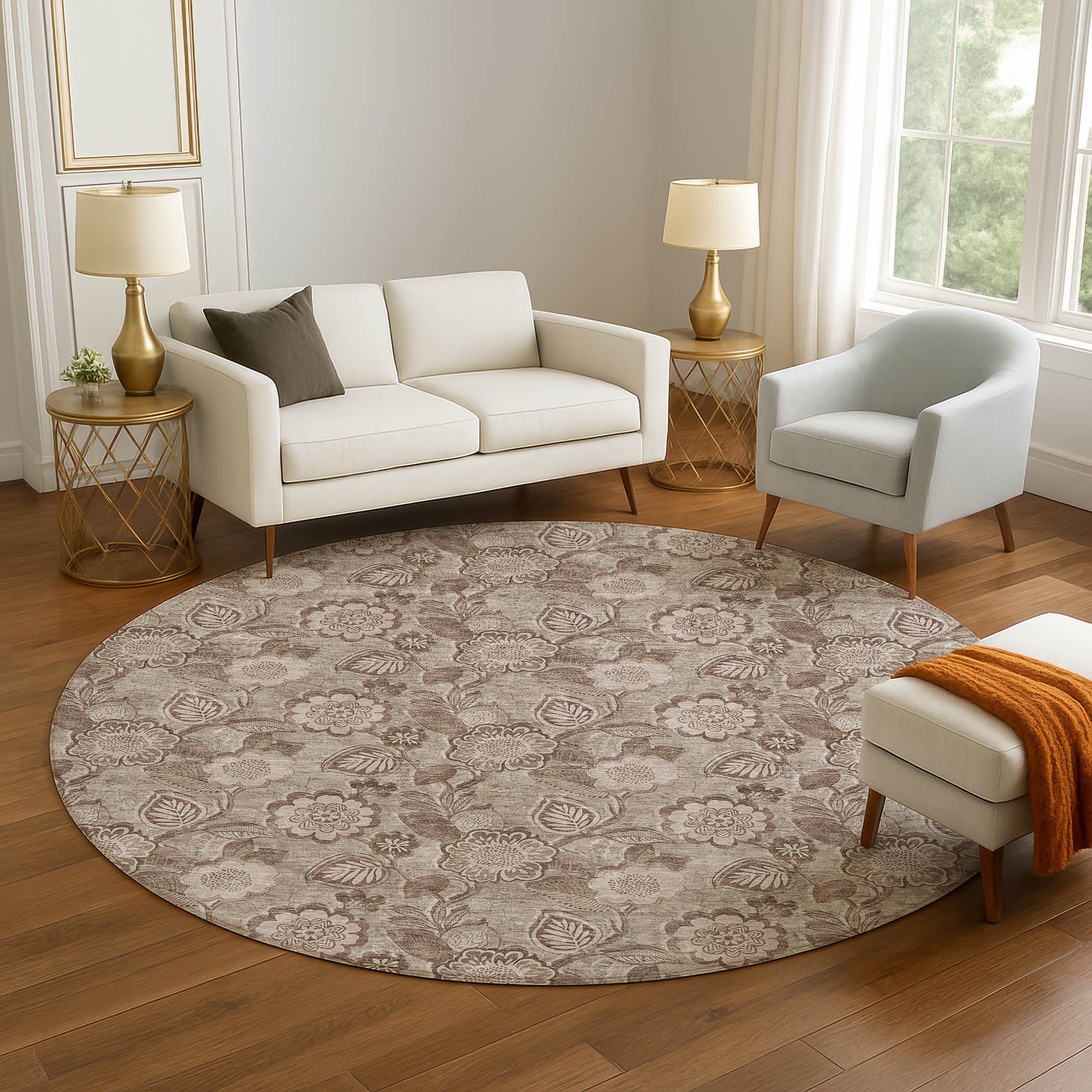 Mdina Machine Washable Transitional Brown Rug 8' x 8' #shape_Round