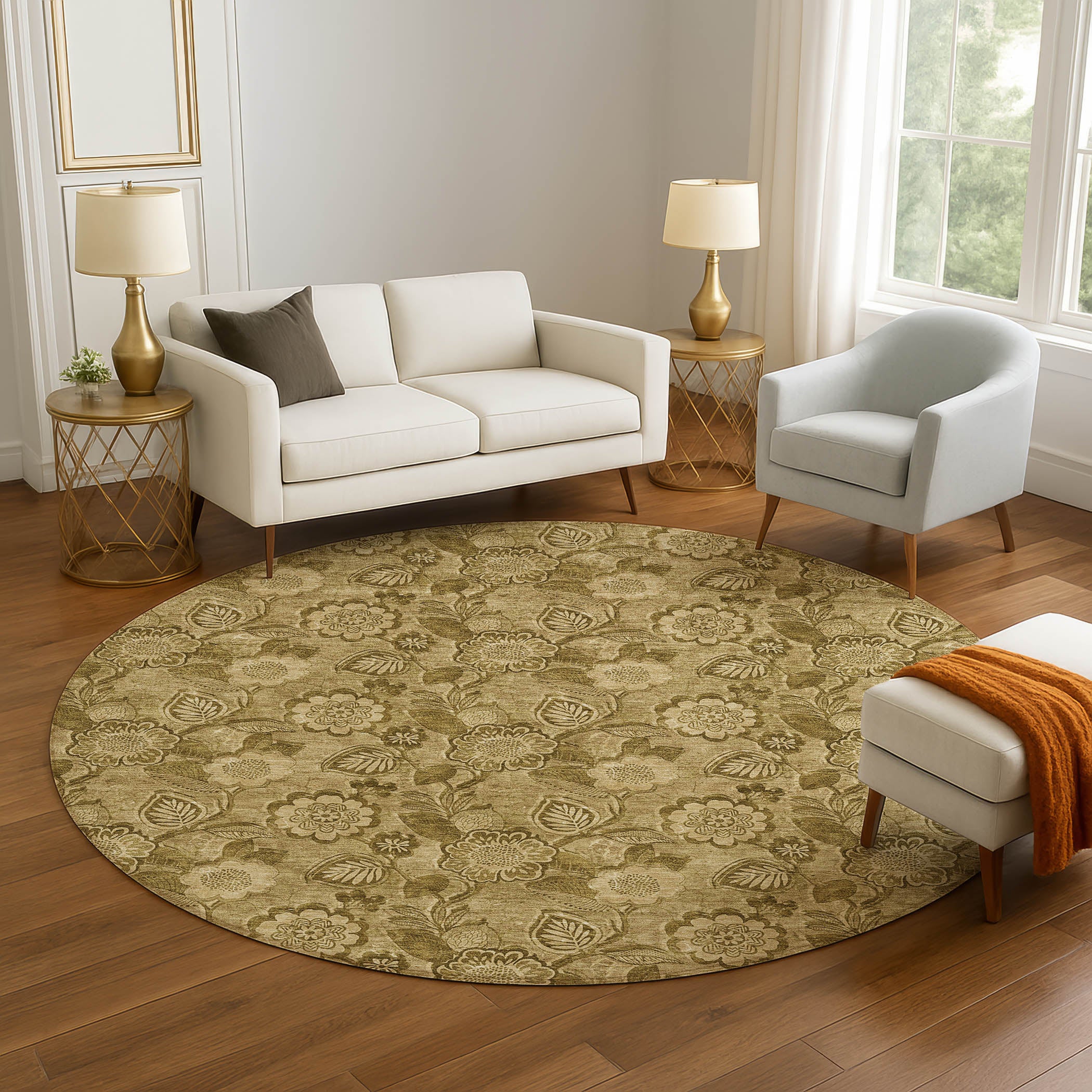 Mdina Machine Washable Transitional Mocha Brown Rug 8' x 8' #shape_Round