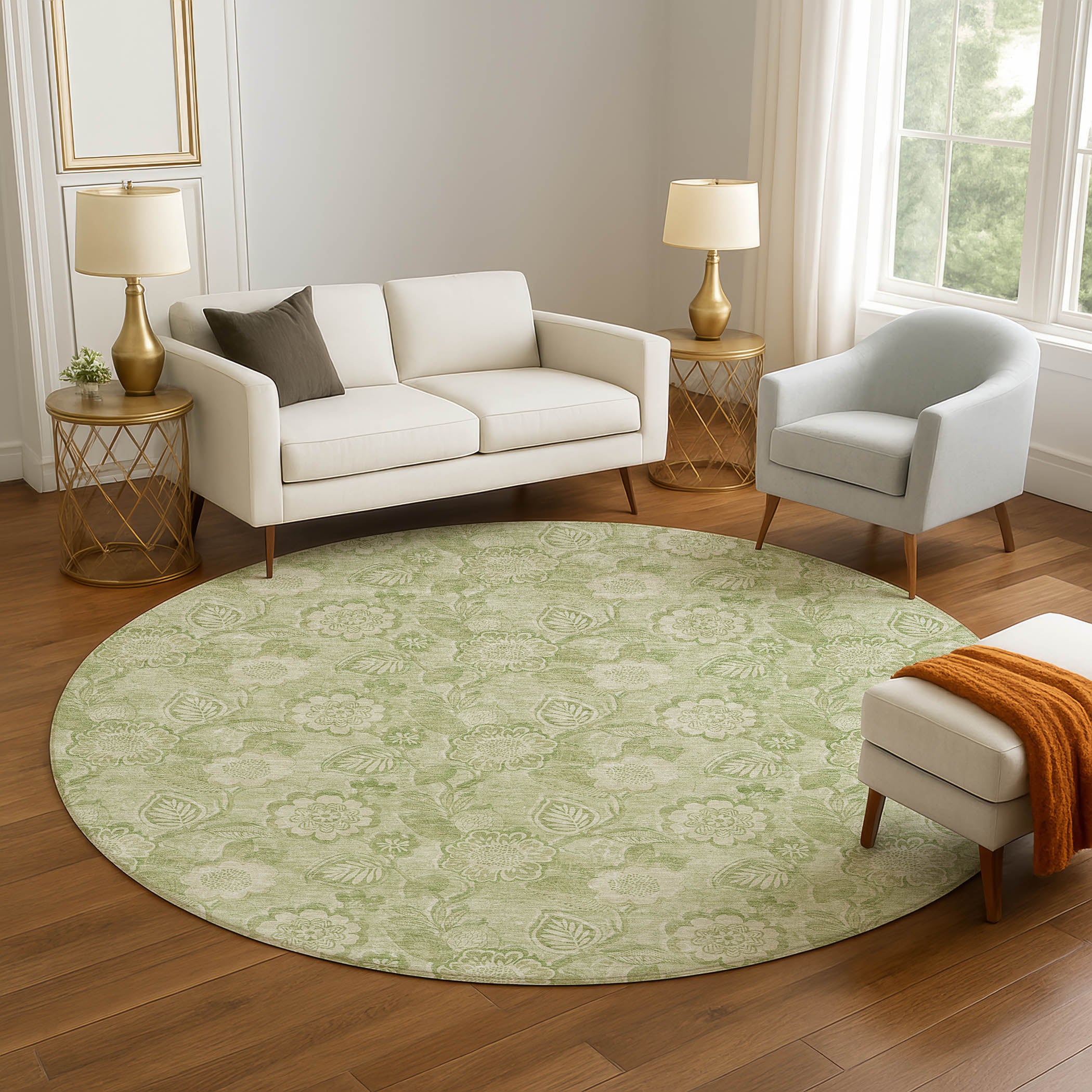 Mdina Machine Washable Transitional Sage Green Rug 8' x 8' #shape_Round
