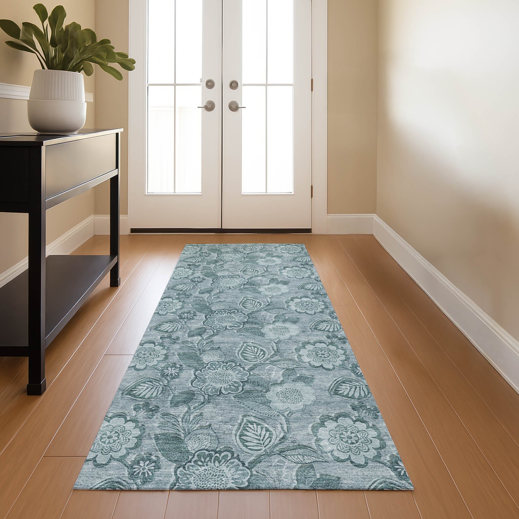 Mdina Machine Washable Transitional Teal Rug 2'3" x 7'6" #shape_Runner