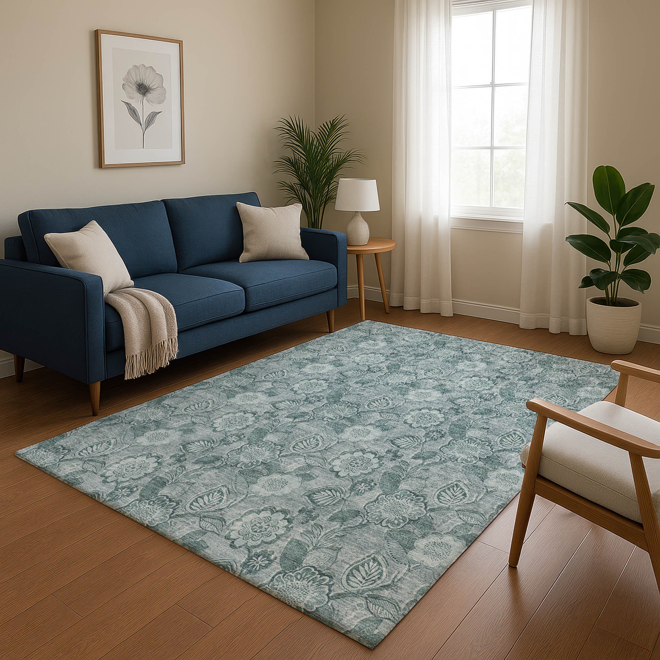 Mdina Machine Washable Transitional Teal Rug 2'6" x 3'10" #shape_Rectangle