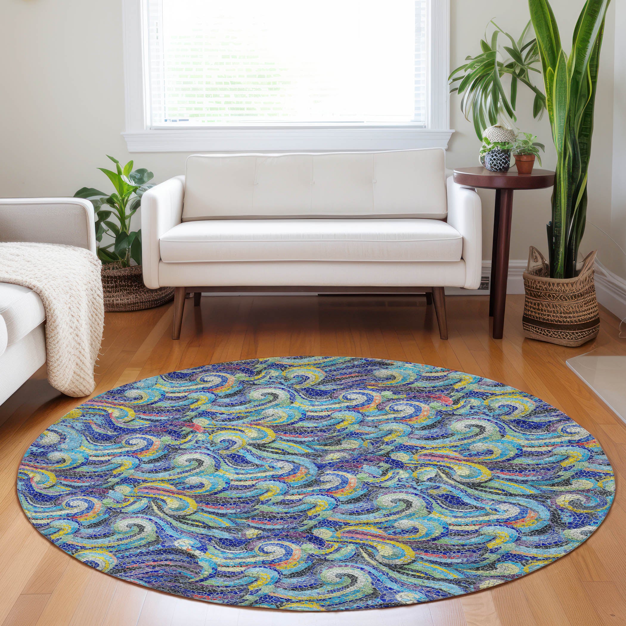 Kotor Machine Washable Coastal Ocean Blue Rug 8' x 8' #shape_Round