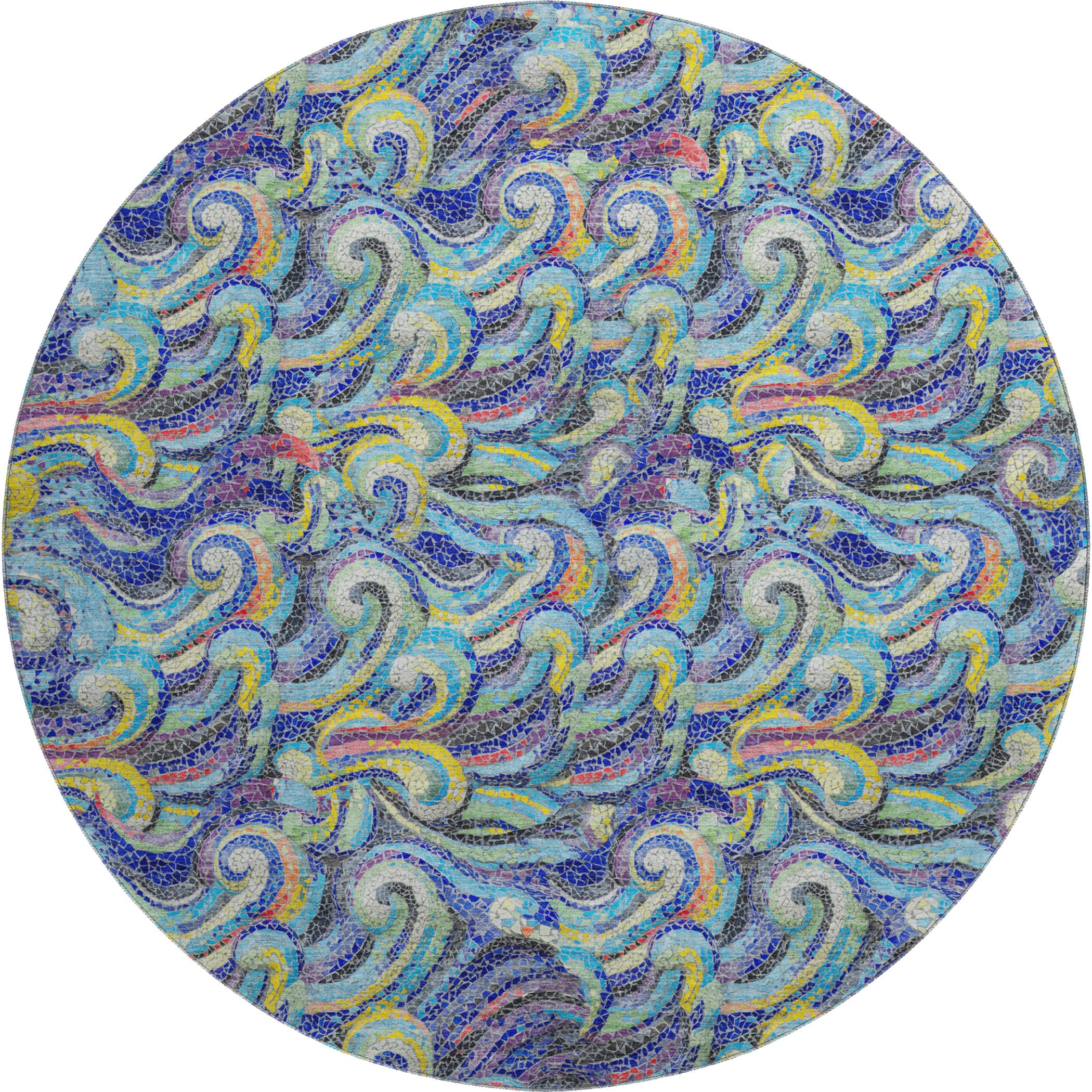 Kotor Machine Washable Coastal Ocean Blue Rug 8' x 8' #shape_Round