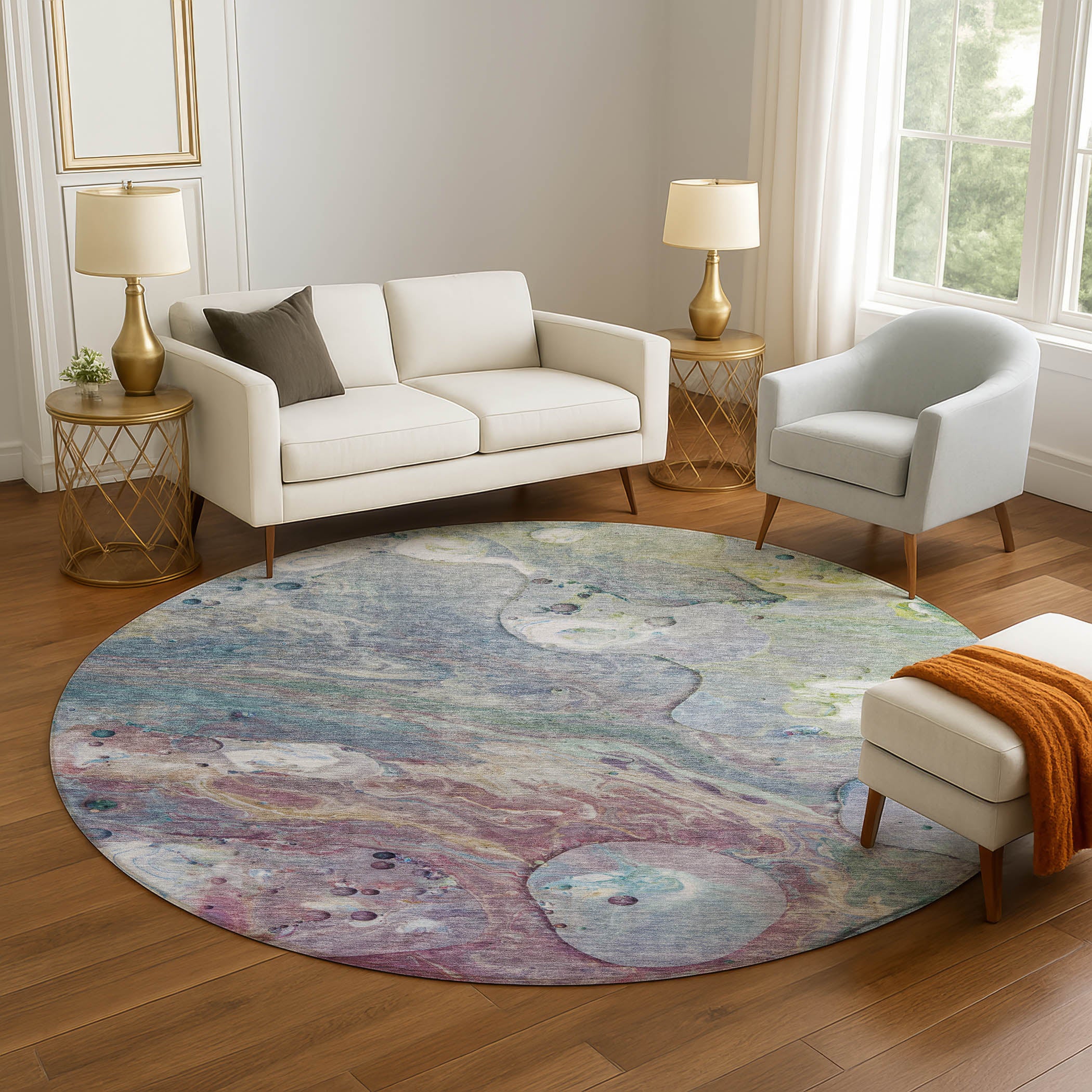 Kyoto Machine Washable Transitional Blue Rug 8' x 8' #shape_Round