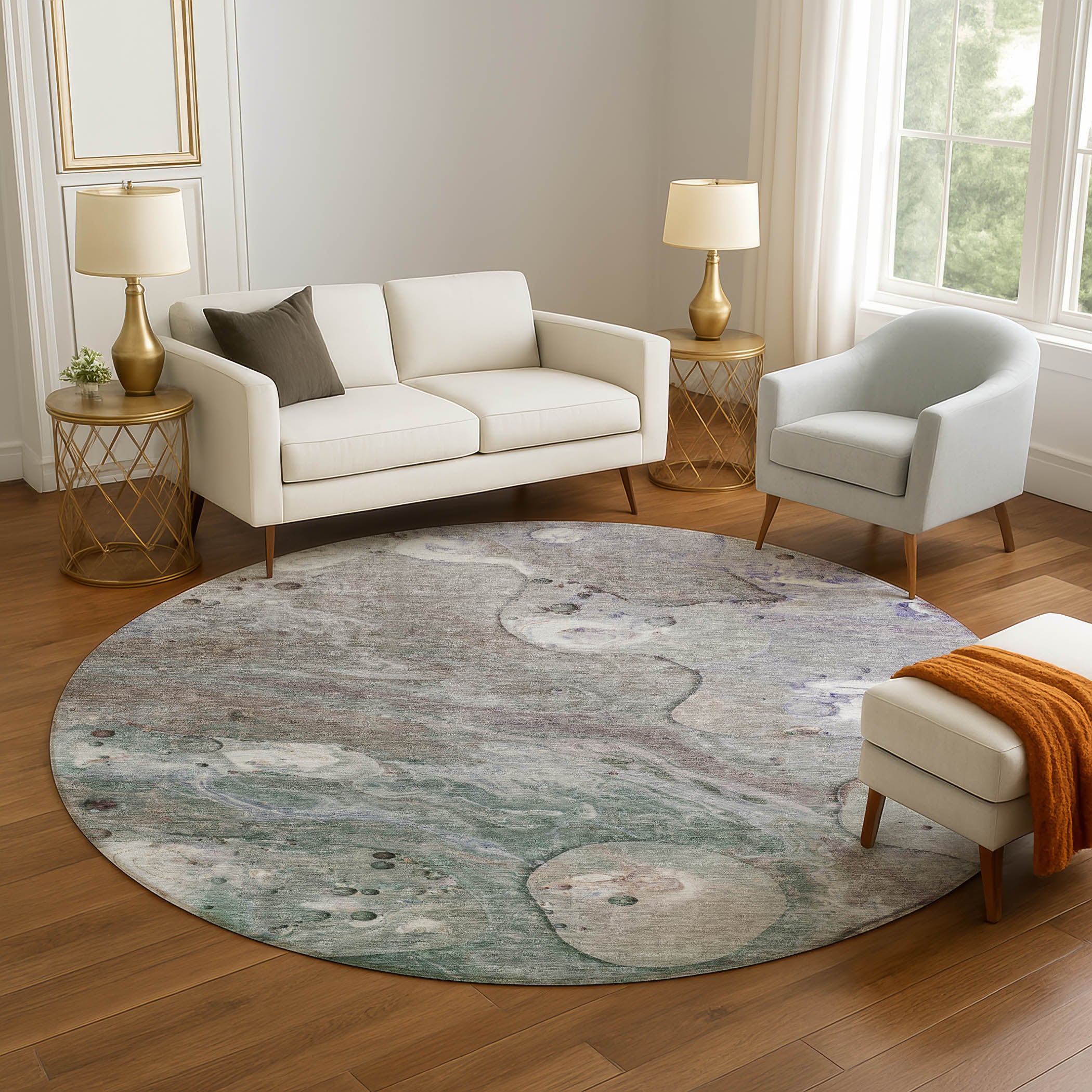Kyoto Machine Washable Transitional Khaki Brown Rug 8' x 8' #shape_Round