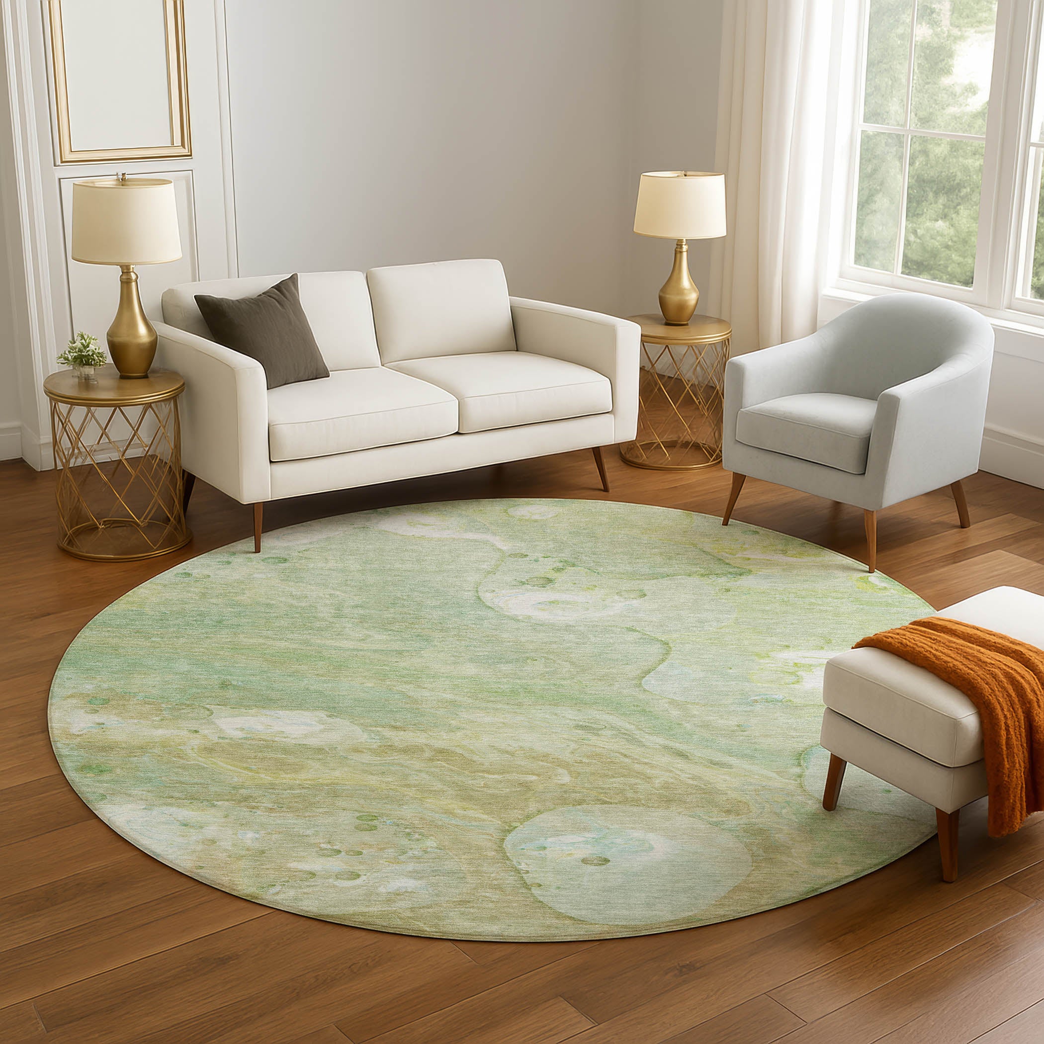 Kyoto Machine Washable Transitional Sage Green Rug 8' x 8' #shape_Round