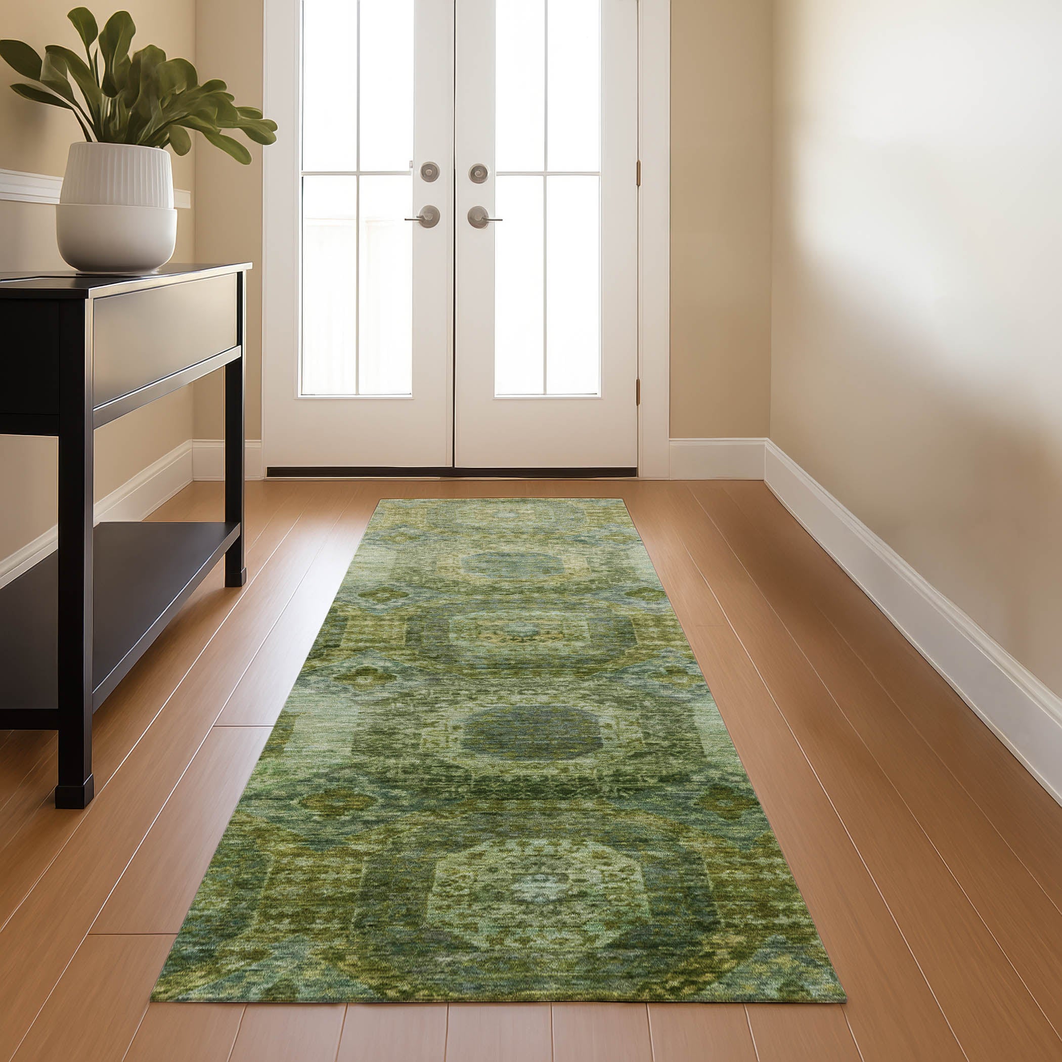 Prague Machine Washable Transitional Aloe Green Rug 2'3" x 7'6" #shape_Runner