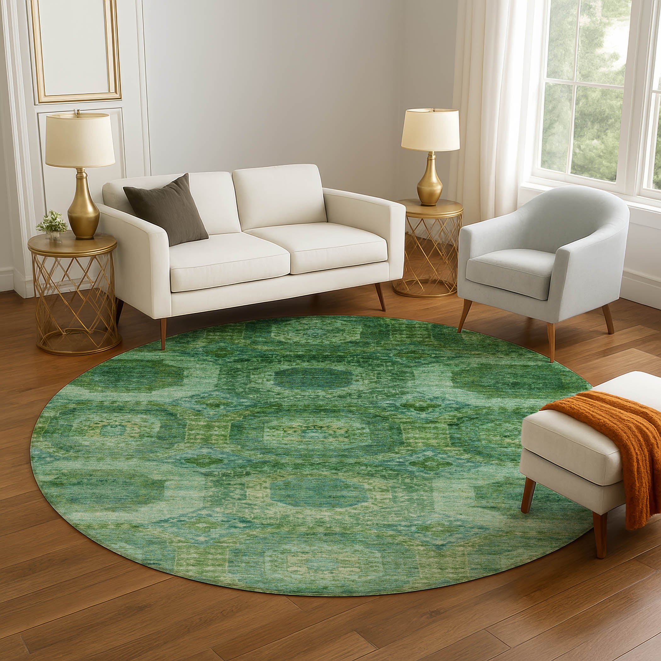 Prague Machine Washable Transitional Emerald Green Rug 8' x 8' #shape_Round
