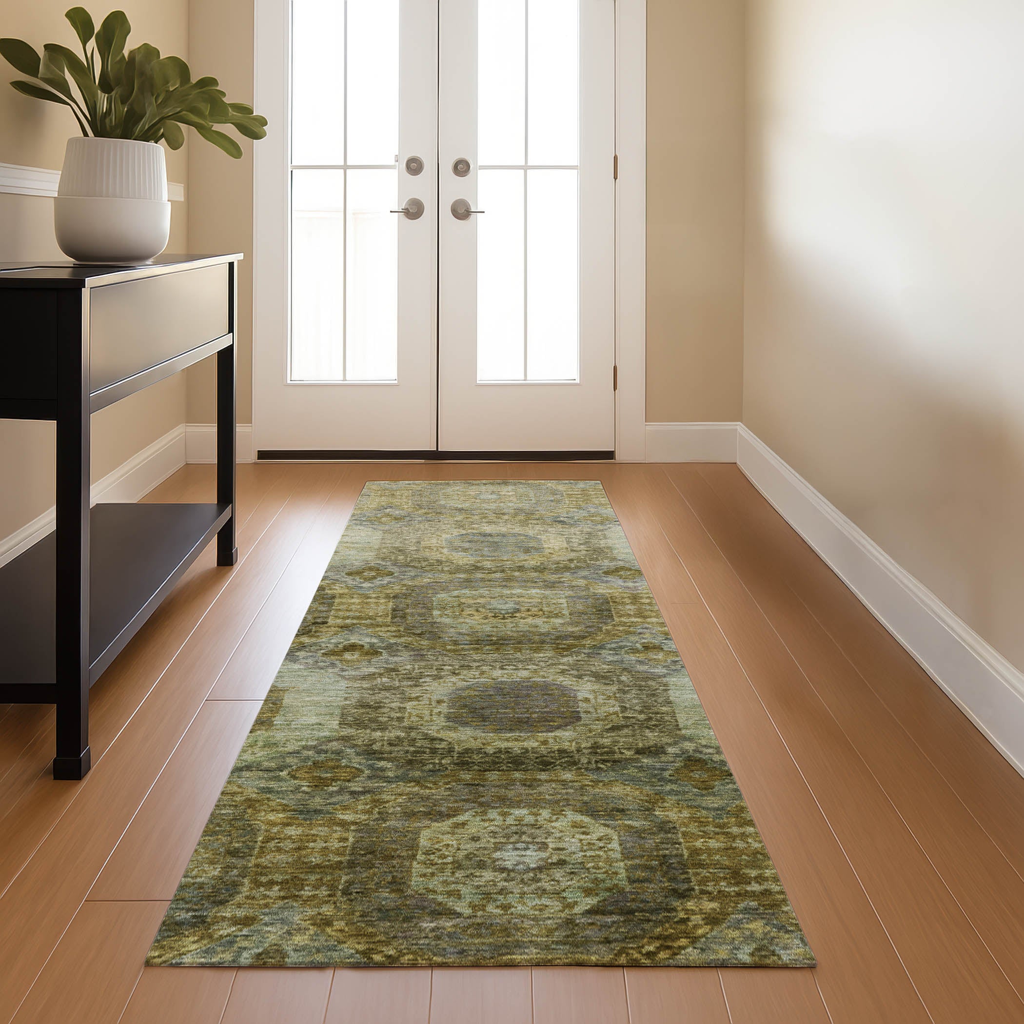 Prague Machine Washable Transitional Gold Rug 2'3" x 7'6" #shape_Runner