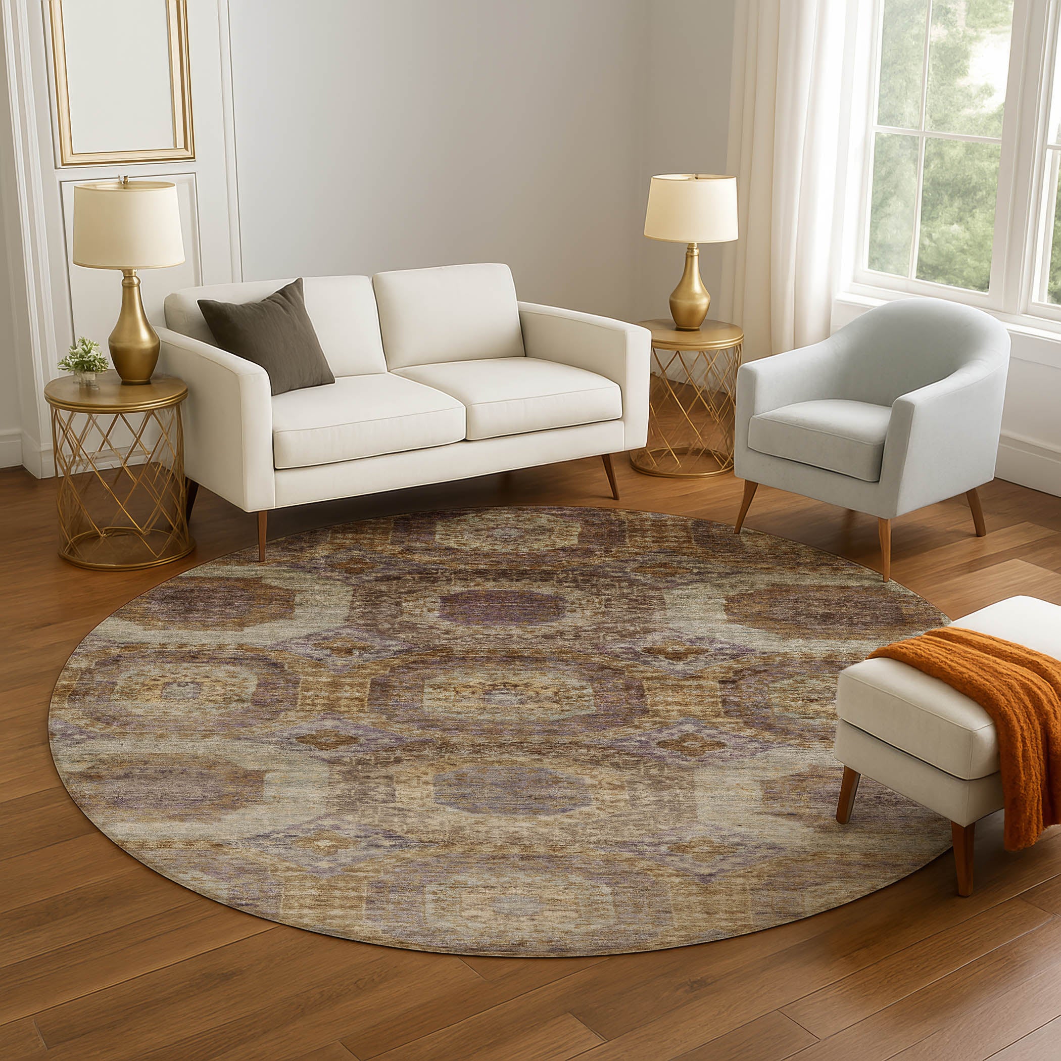 Prague Machine Washable Transitional Rust Orange Rug 8' x 8' #shape_Round