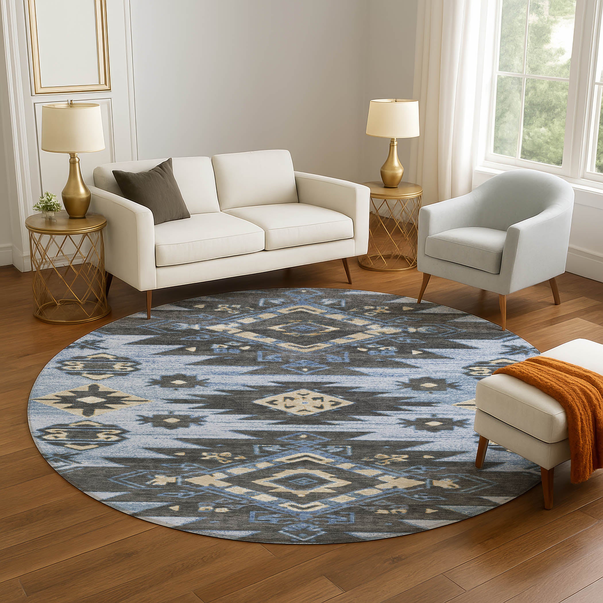Florence Machine Washable Transitional Blue Rug 8' x 8' #shape_Round