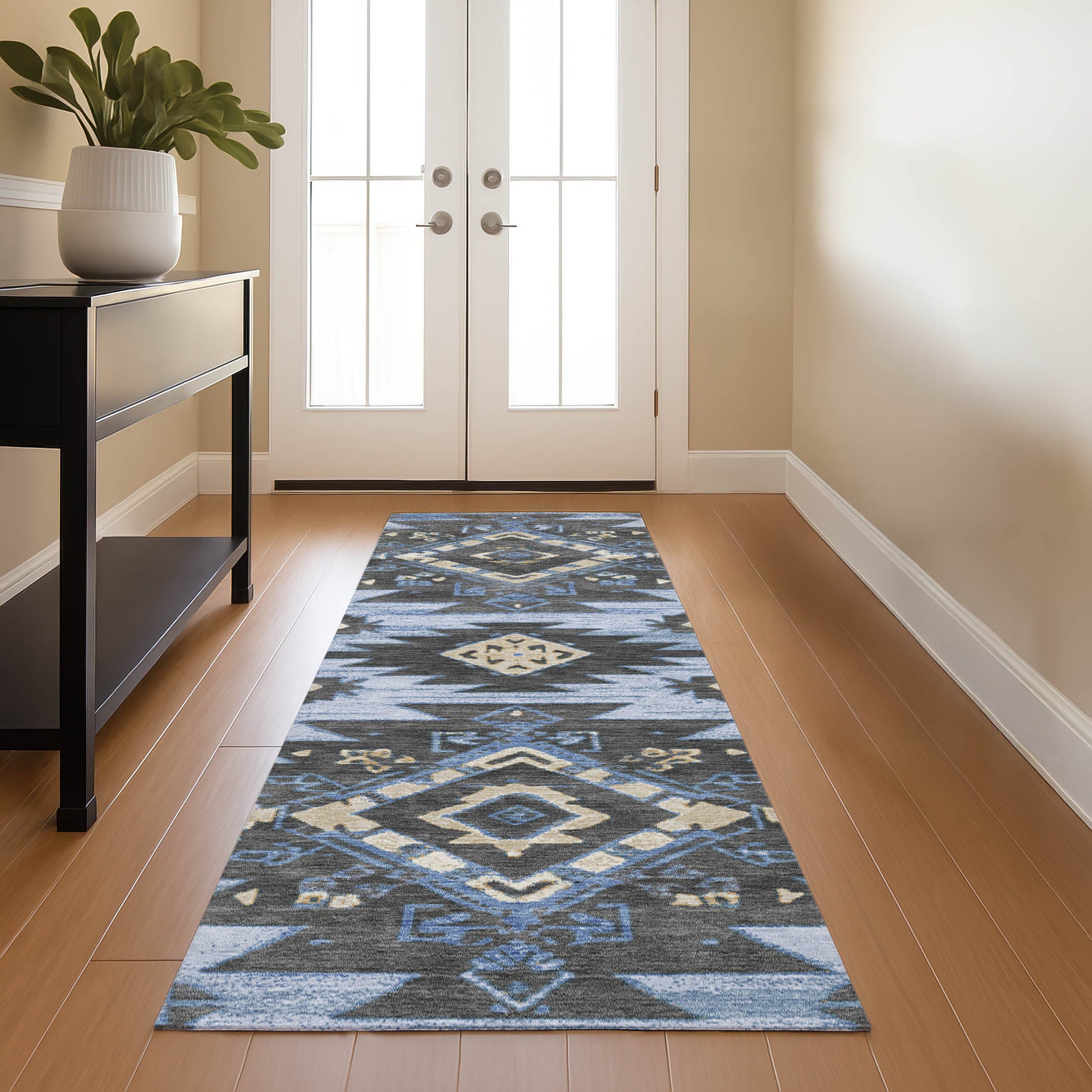Florence Machine Washable Transitional Blue Rug 2'3" x 7'6" #shape_Runner