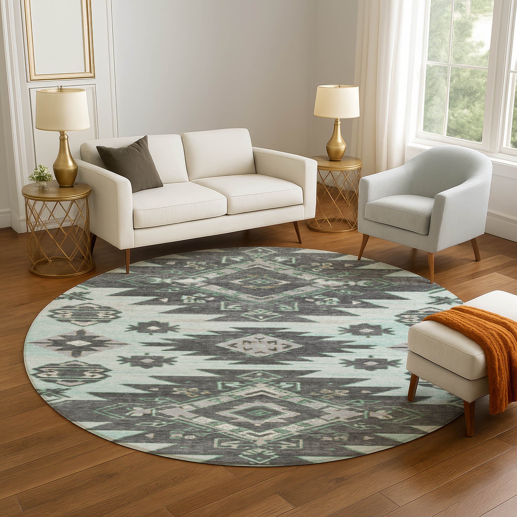 Florence Machine Washable Transitional Mint Green Rug 8' x 8' #shape_Round