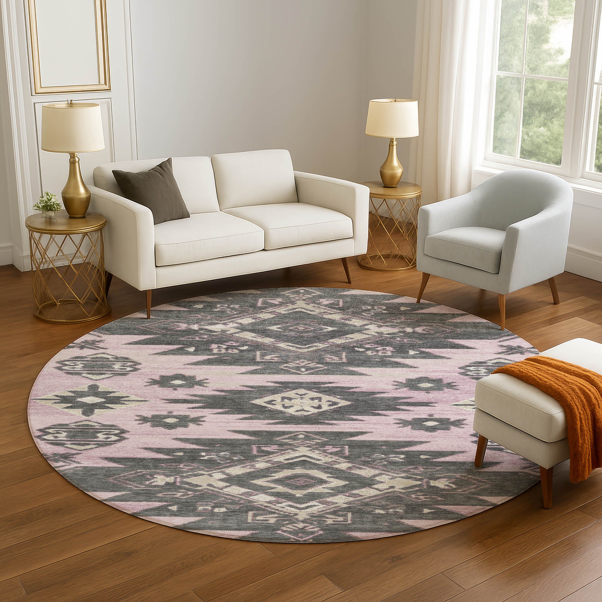 Florence Machine Washable Transitional Pink Rug 8' x 8' #shape_Round