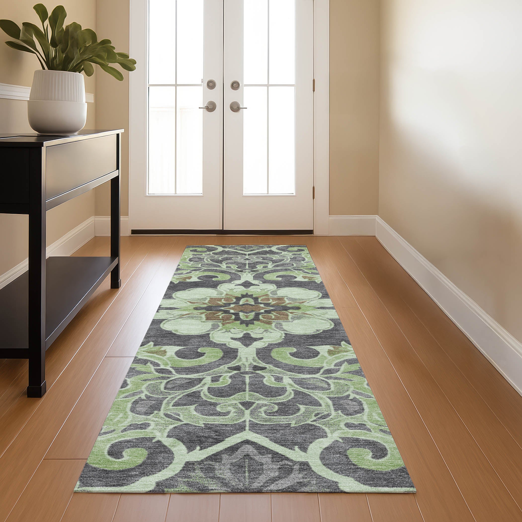 Bruges Machine Washable Traditional Aloe Green Rug 2'3" x 7'6" #shape_Runner